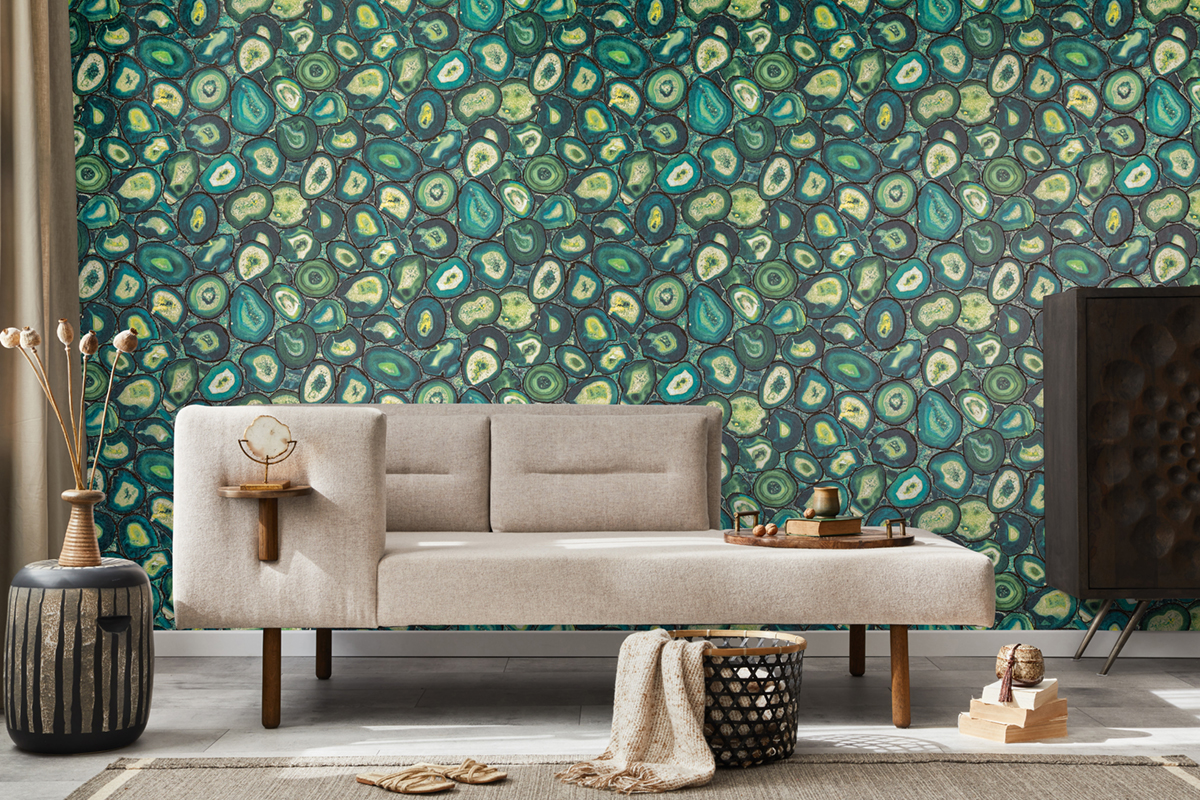 Papier peint Pierre Précieuse Billes de Verre bleu paon vert - Ornata de Montecolino AMB2 | Réf. MC-51218