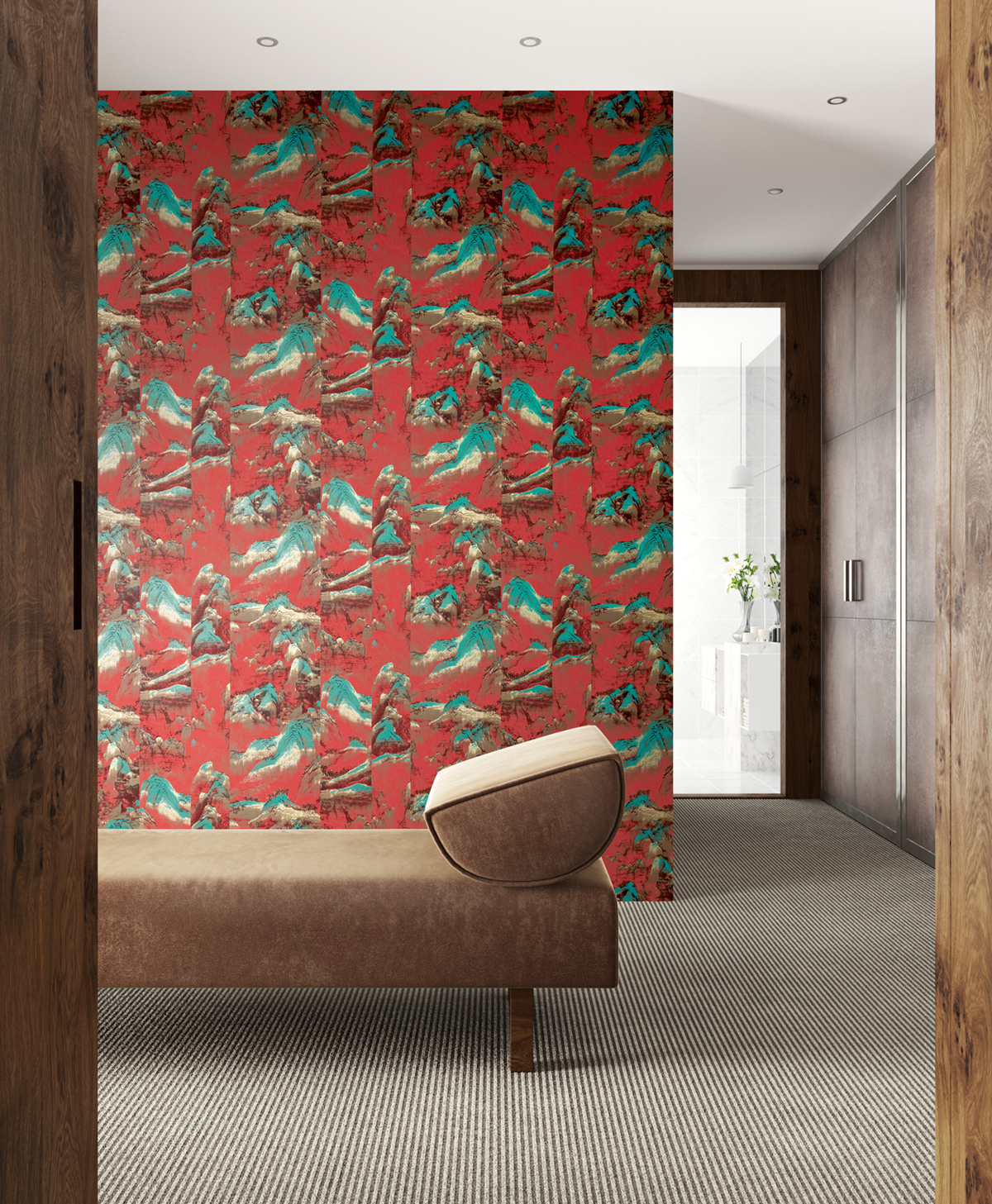 Papier peint Montagne Japonaise Akiyama rouge paon métallisé - Kimono de Masureel | Réf. MAS-KIM304