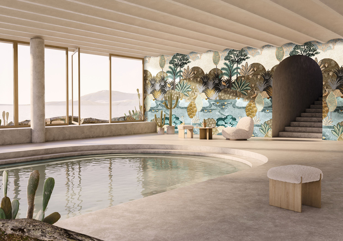 Papier peint Panoramique Lagune Aruba celadon mordoré - Panoramas 2 de Casamance | Réf. CAS-75610916