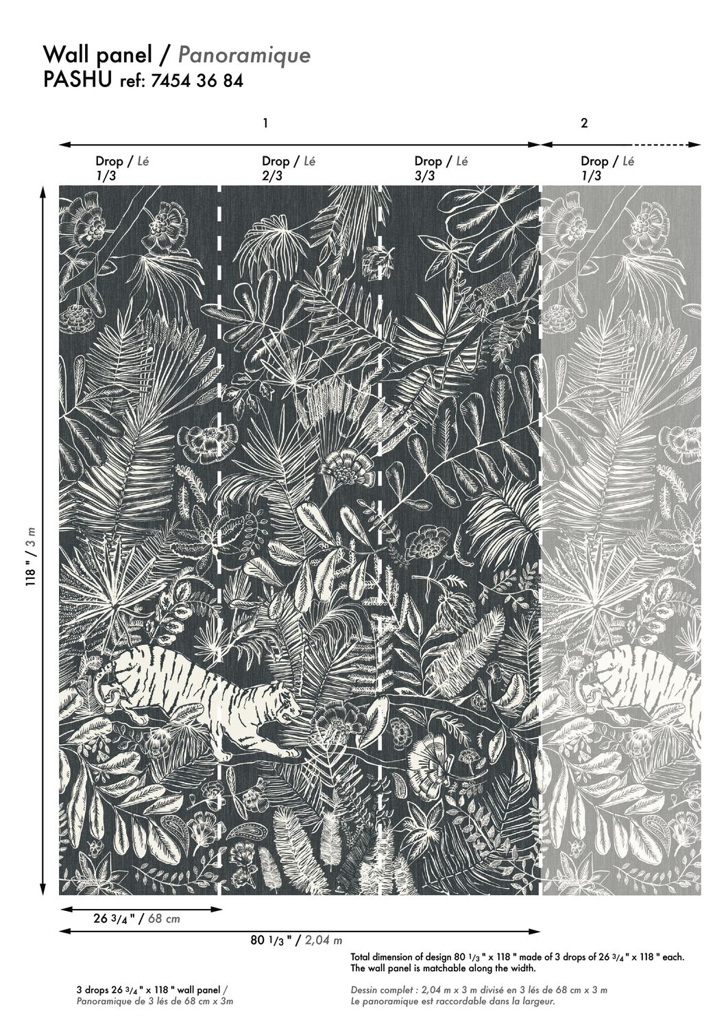 Papier peint panoramique jungle Tigre Pashu bleu/vert - Ceylan de Casamance | Réf. CAS-74543684