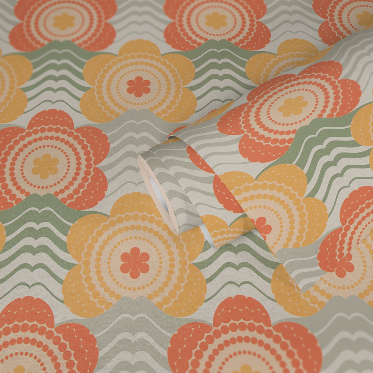 Papier peint Fleur Graphique corail vert - Retro Chic d'A.S. Création | Réf. AS-395394