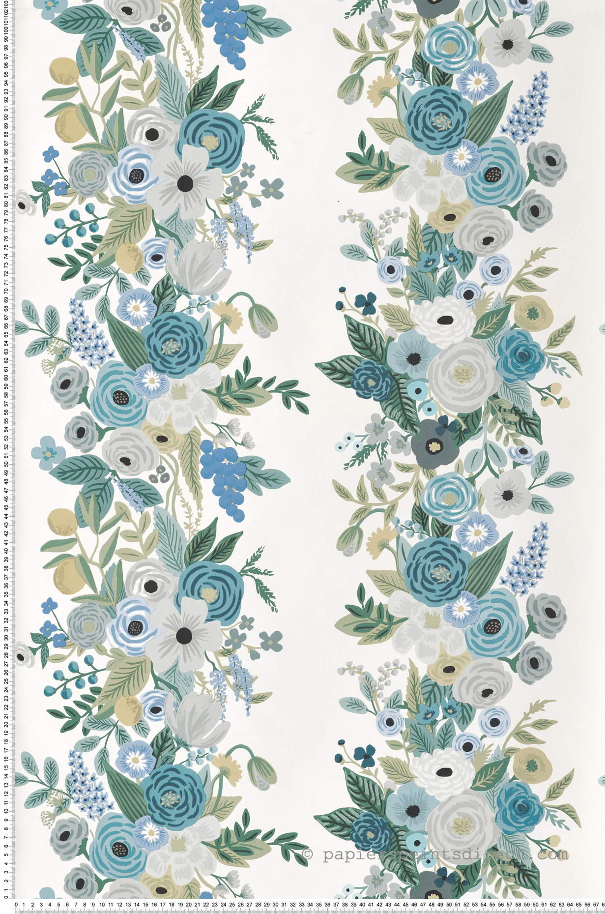 Papier peint Rayure Fleur Garden Party bleu vert - Rifle Paper Co. 2 de York (Initiales) | Réf. INI-RP7314