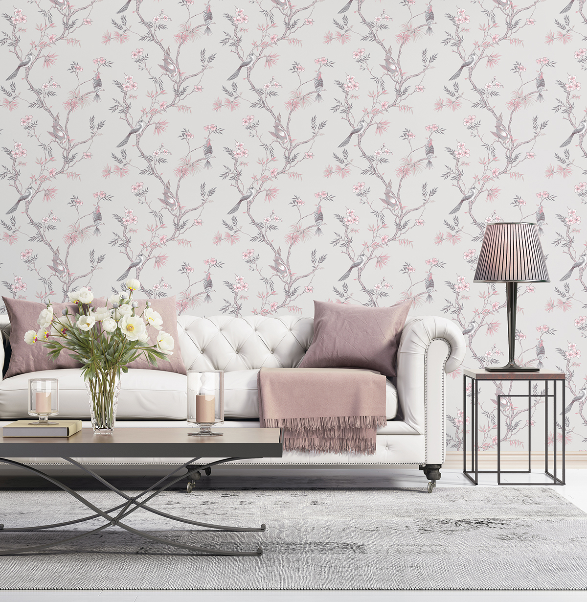 Papier peint Oiseau Exotique gris et rose - Jardin Secret de Lutèce | Réf. LTC-G78491
