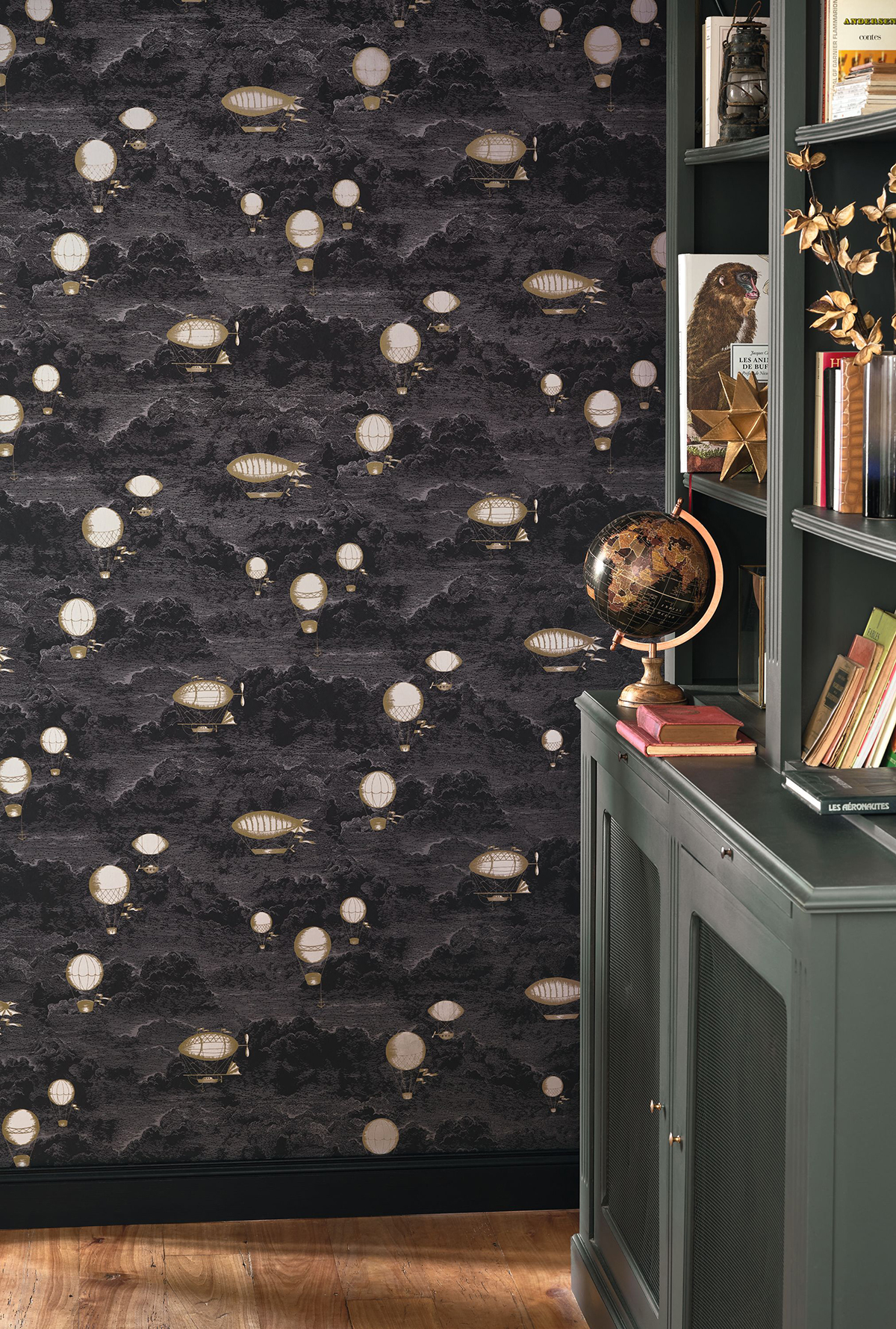 Papier peint Nuage et Montgolfière Expédition noir et doré - Voyage Onirique de Casadéco | AMB Réf. ONIR87289917