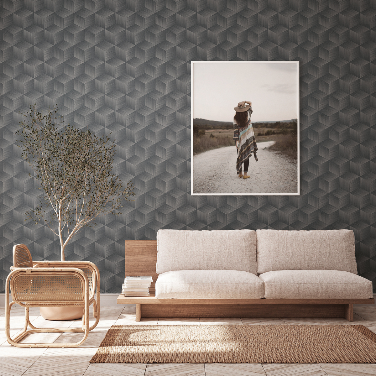 Papier peint Cubes 3D gris ardoise - Natural Living d'A.S. Création | Réf. AS-385064