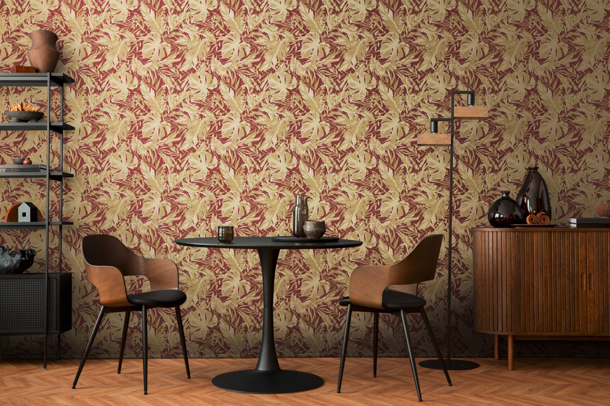 Papier peint Jungle Végétaux Earthlines bordeaux doré - Cosmoliving d'A.S. Création AMB3 | Réf. AS-790635