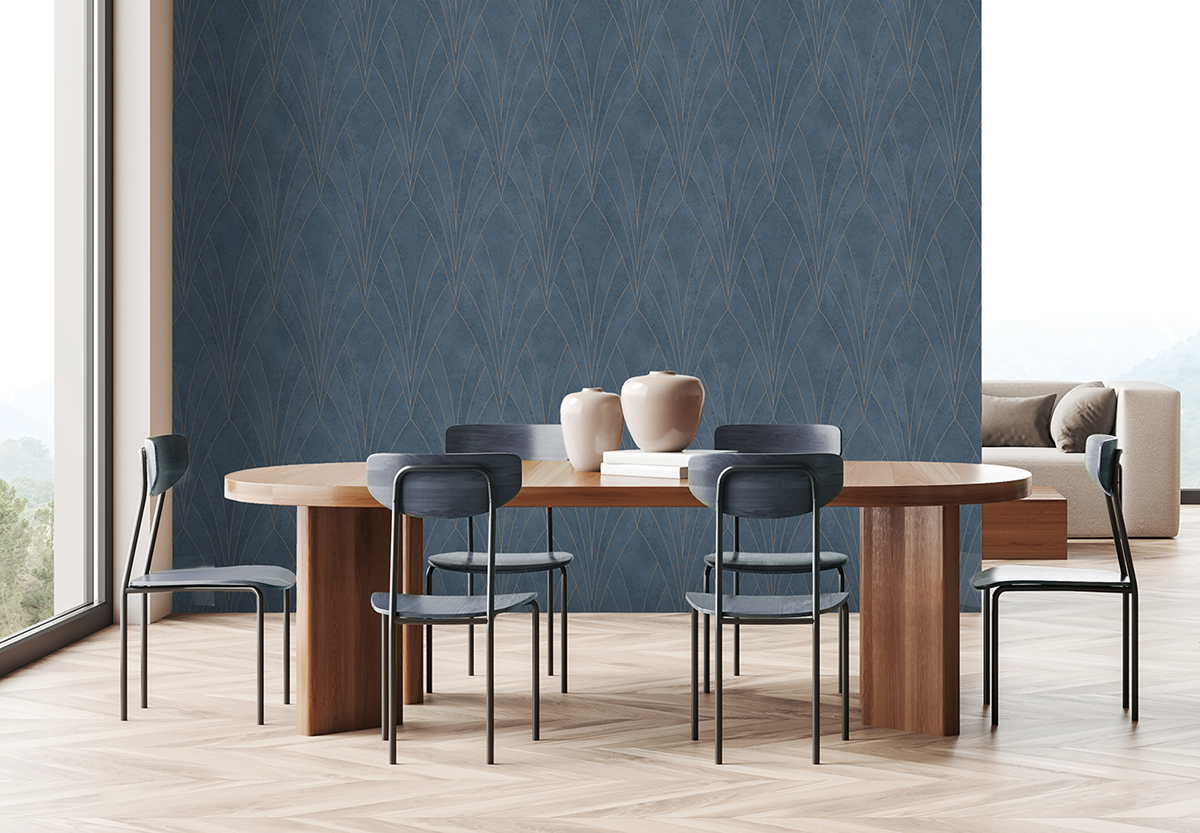 Papier Peint Grand Motif Art Déco bleu doré - Elégance d'Ugépa | Réf. UGP-L85601