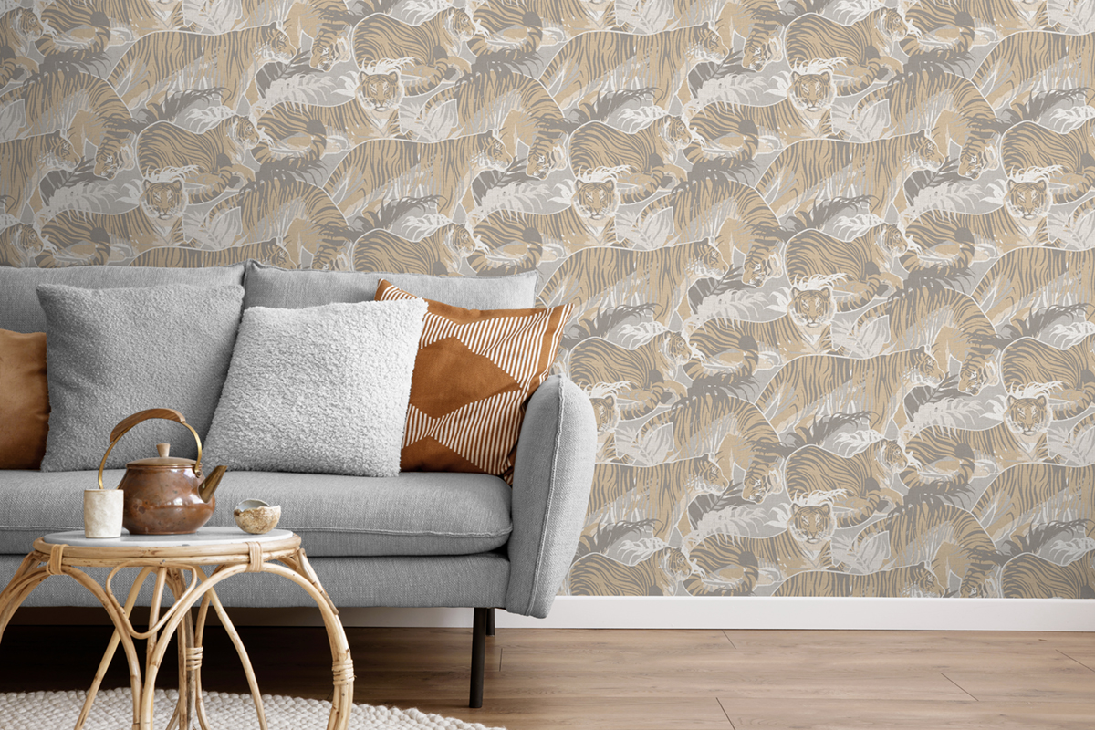 Papier Peint Tigre Feuille Squad beige gris - Nomade d'Ugépa | Réf. UGP-M69507