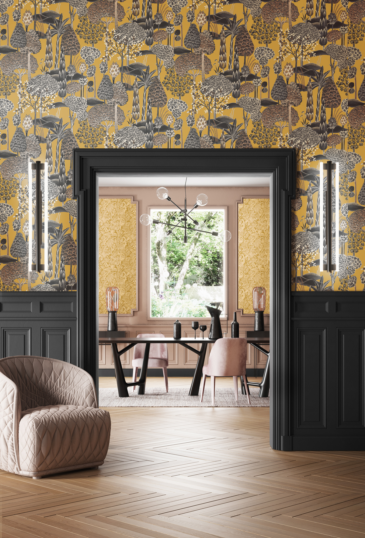 Papier peint Forêt Exotique Viray moutarde métallisé - Summer de Masureel | Réf. MAS-SUM001