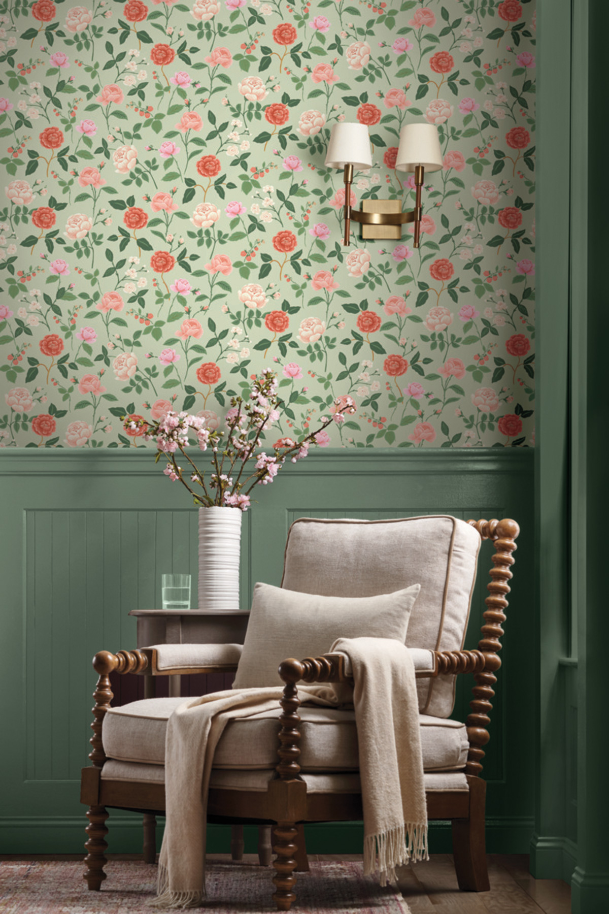 Papier peint Fleurs Romantiques saumon vert amande - Rifle Paper Co. 3 de York (Initiales) | Réf. INI-RF7545