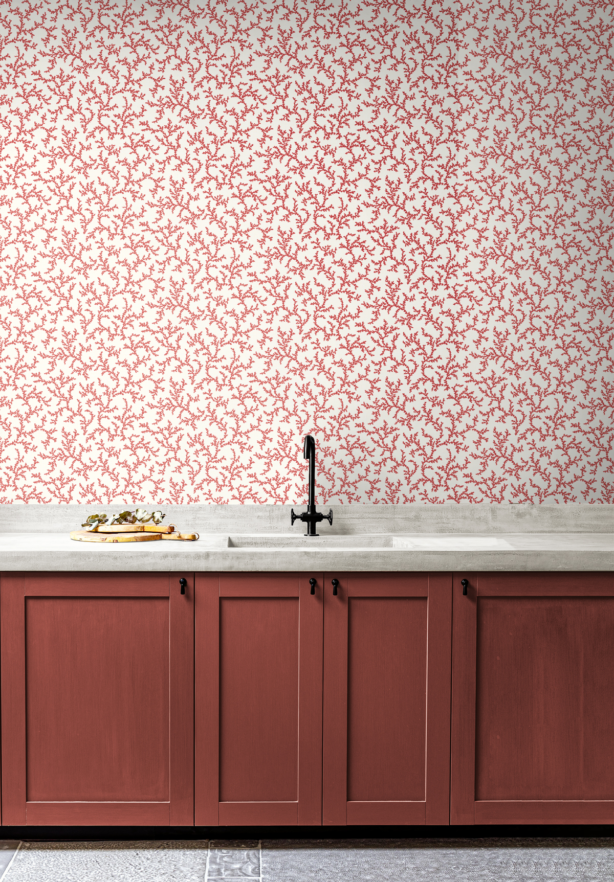 Papier peint Corail Branche rouge écru - French Country d'Initiales | Réf. INI-FC62101