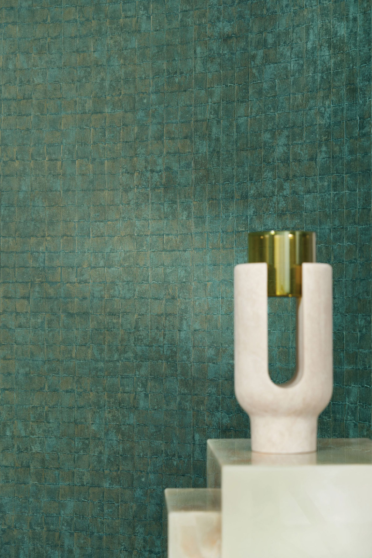 Papier peint Carreaux Faenza émeraude doré - Cérame de Casamance AMB2| Réf. CAS-76080712