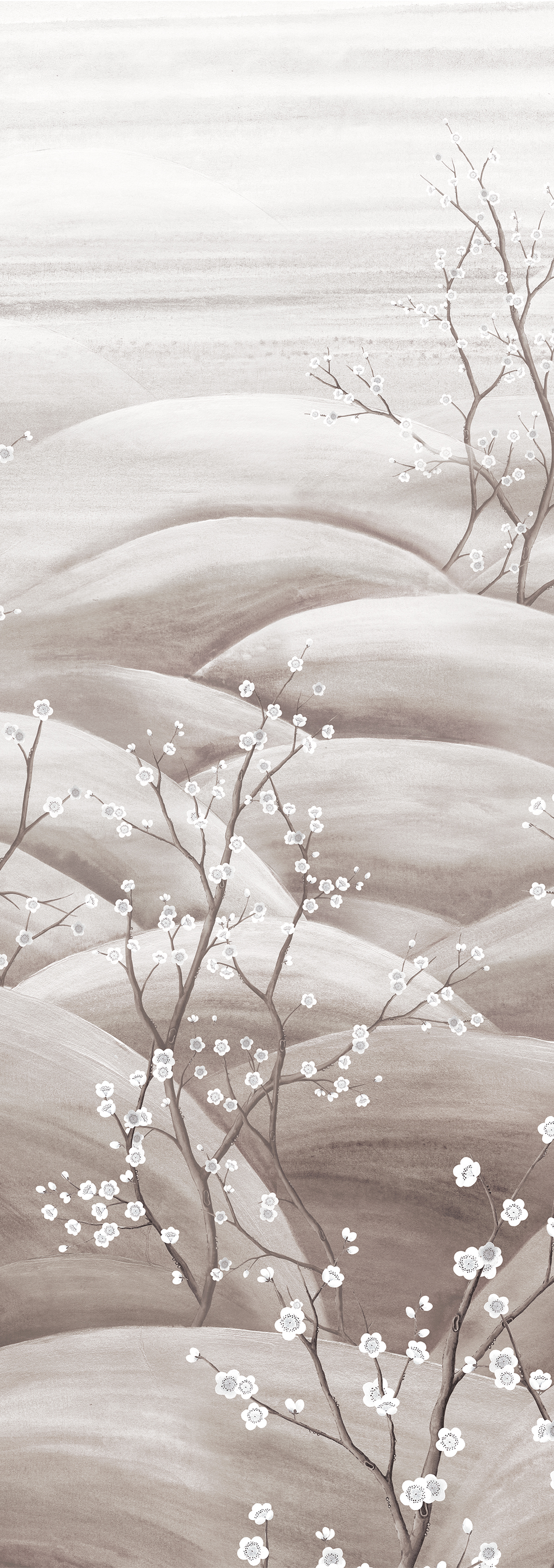 Papier peint panoramique Paysage Floral Japonais Sakura argenté - B H300 - Traces de Masureel | Réf. MAS-DGTRA5032-300