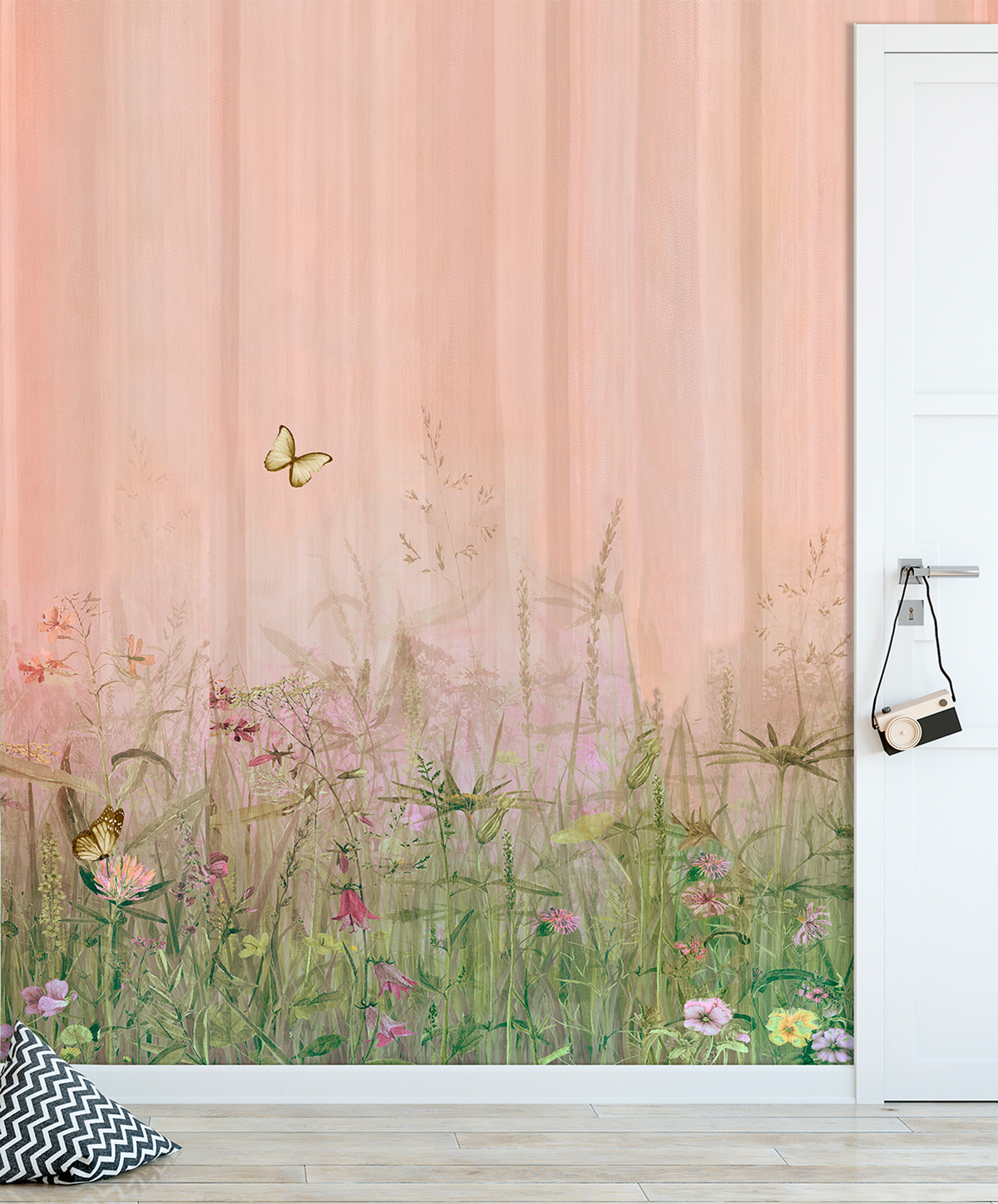 Papier peint panoramique Papillon Wildflower Meadow rose - Farandole de Lutèce | Réf. LTC-CW6023-1