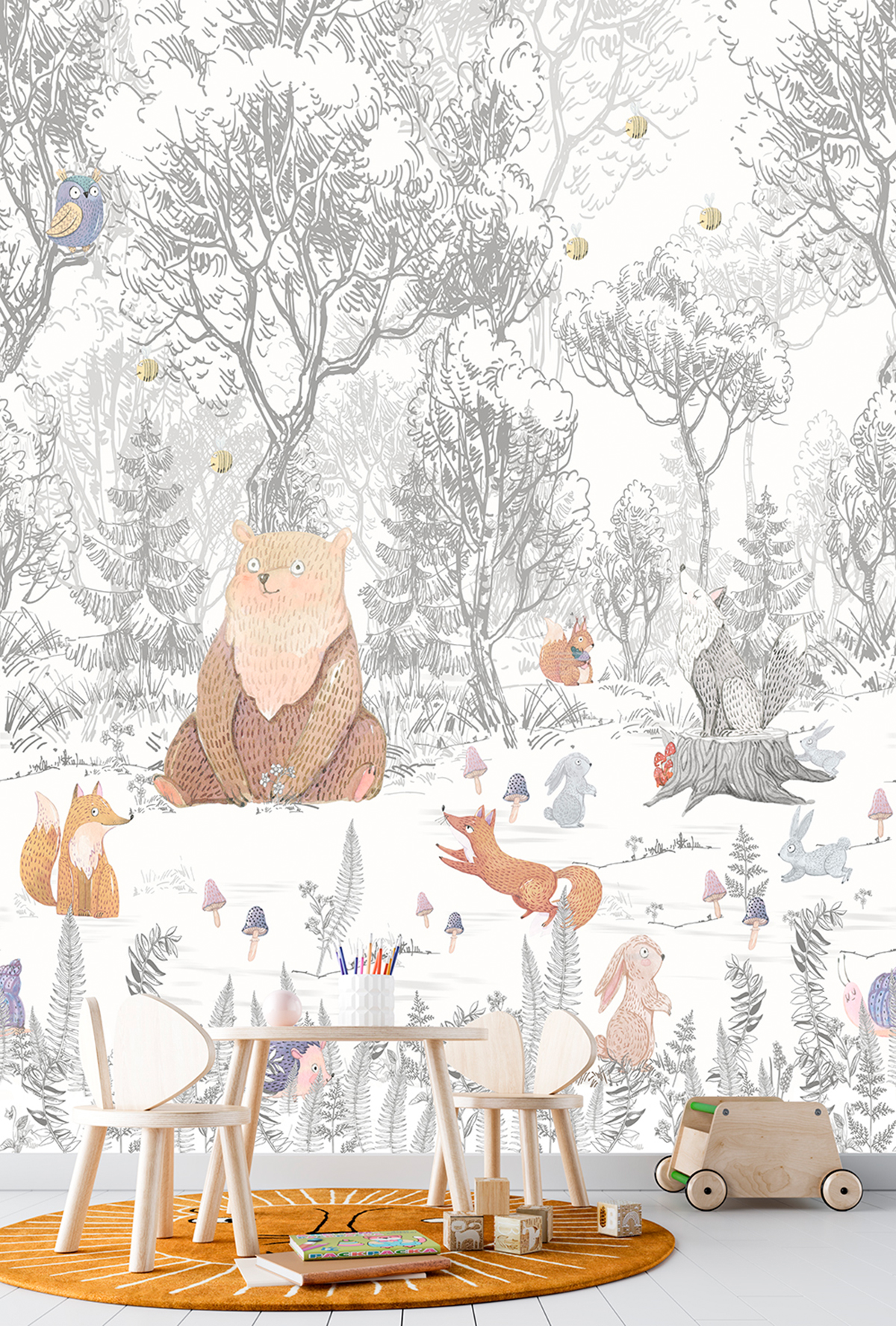 Papier peint panoramique Ours Forest Animals gris - Farandole de Lutèce | Réf. LTC-CW6043-1