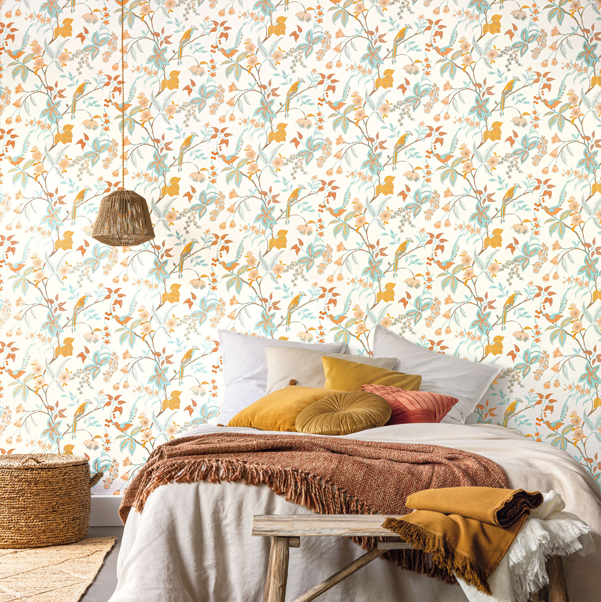 Papier peint Oiseau Feuillage Happy orange bleu mordoré - Happy Therapy de Casélio | Réf. HTH104060354