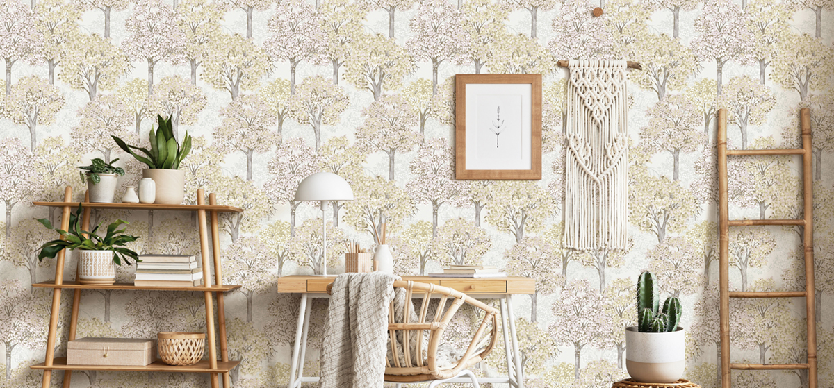 Papier peint Arbre Forêt rose beige - My Little Cottage de Montecolino | Réf. MC-M12321