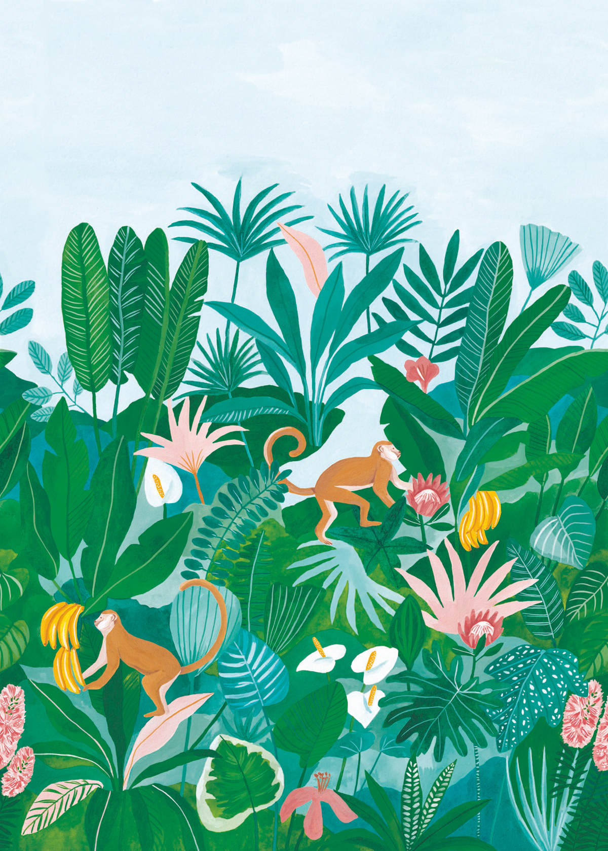 Papier peint Panoramique jungle singe Jardin d'Eden multicouleurs - L'odyssée de Casélio | Réf. OYS101467229