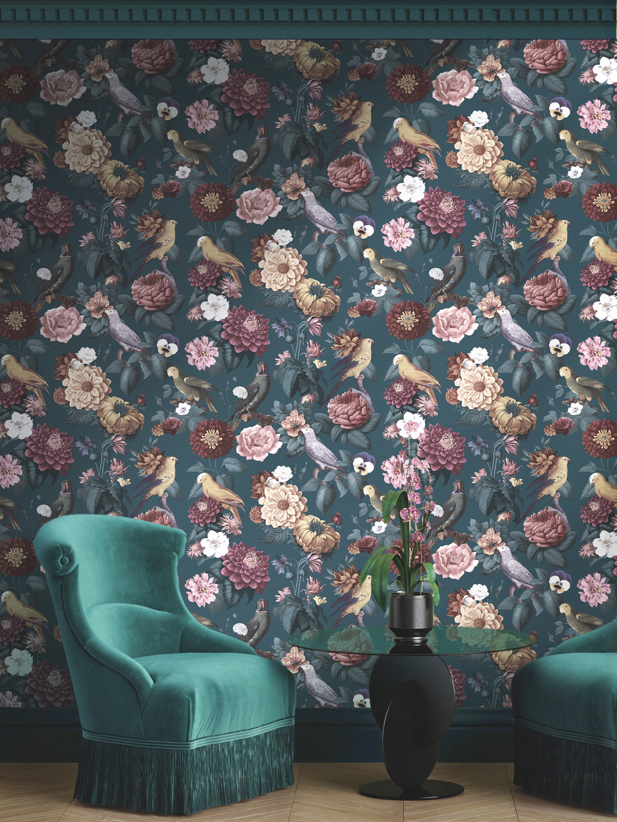 Papier peint Perroquet Fleurs bleu canard irisé - Maison Paradis de Lutèce | Réf. LTC-MP15547