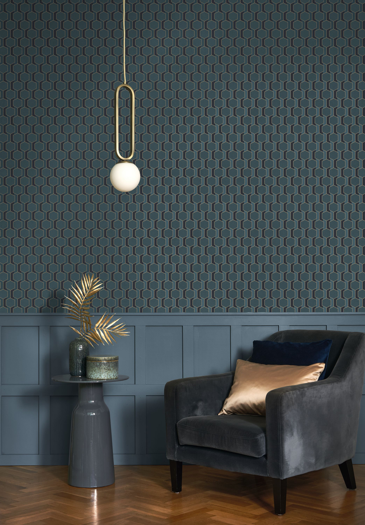 Papier peint Art Déco Hamilton bleu paon irisé - Derby de Casadéco | Réf. DERB89306914