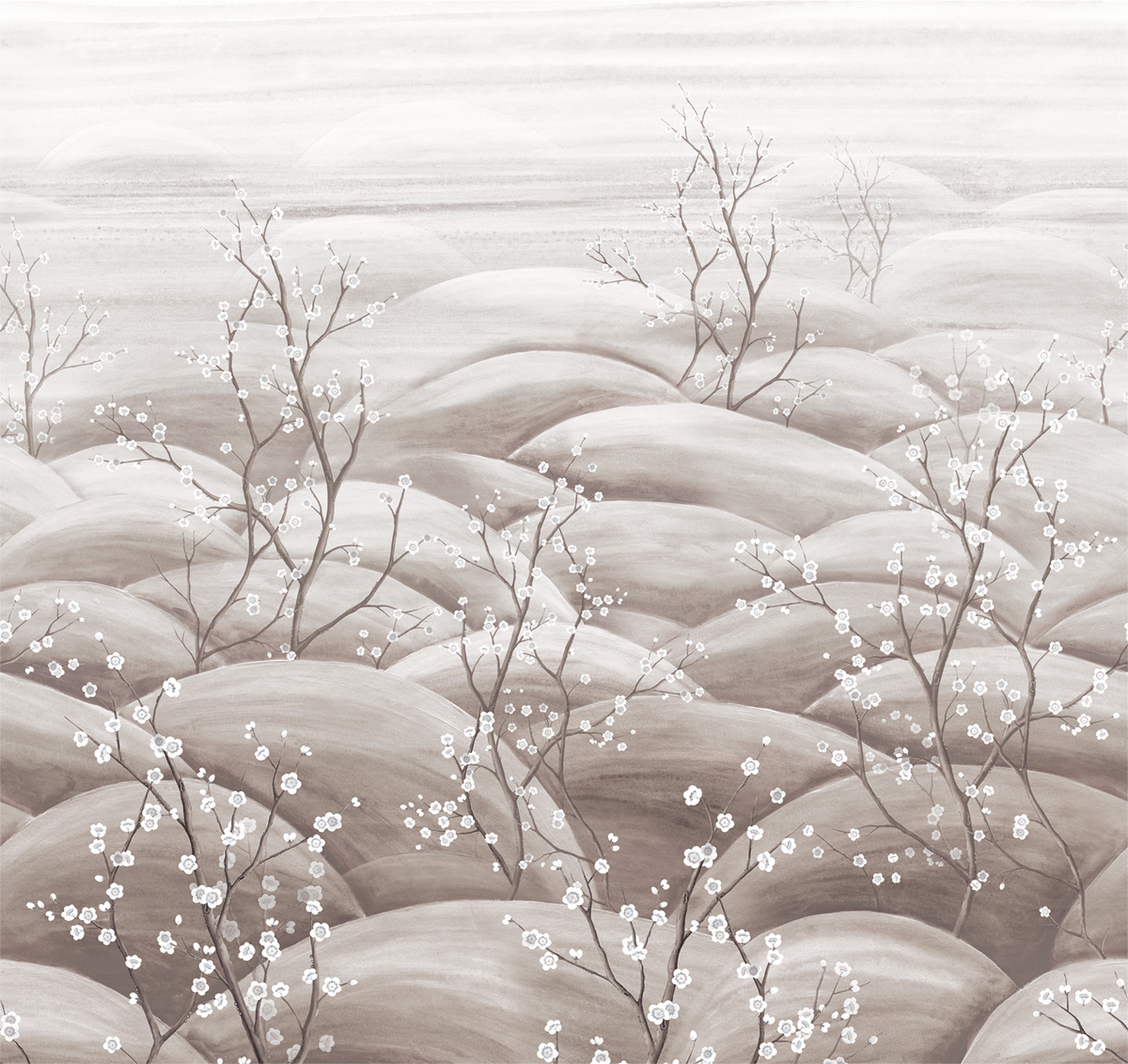 Papier peint panoramique Paysage Floral Japonais Sakura argenté - A, B et C H300 - Traces de Masureel | Réf. MAS-DGTRA503X-300