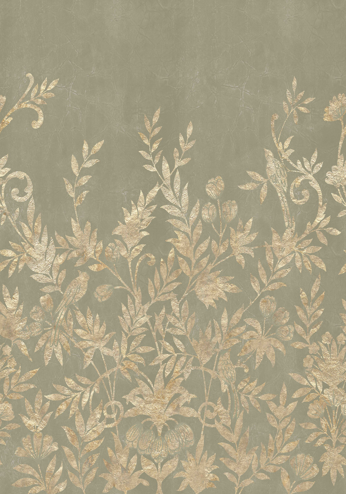 Papier peint panoramique Oiseau Jardin de Diane vert lichen doré - Panoramas 4 de Casamance | Réf. CAS-76740814