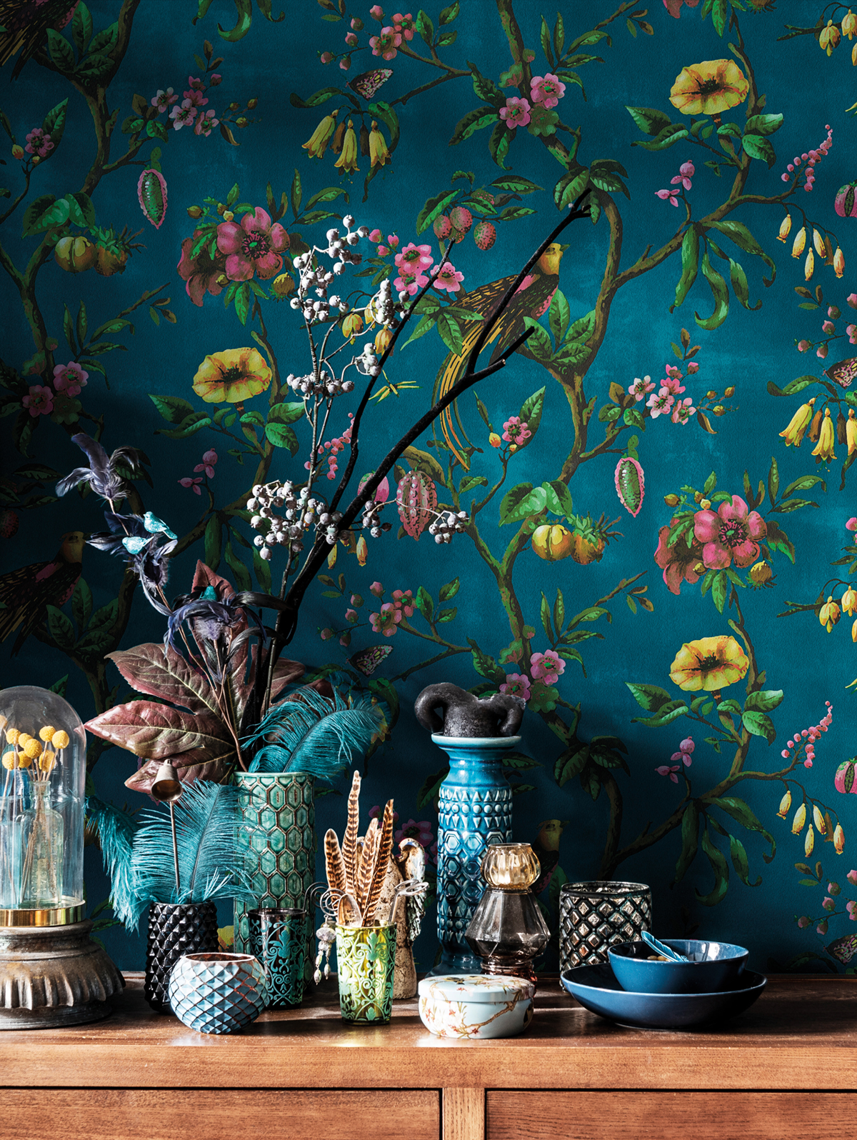 Papier peint Oiseaux de Paradis bleu pétrole - Bloom de Lutèce | Réf. LTC-BLO443