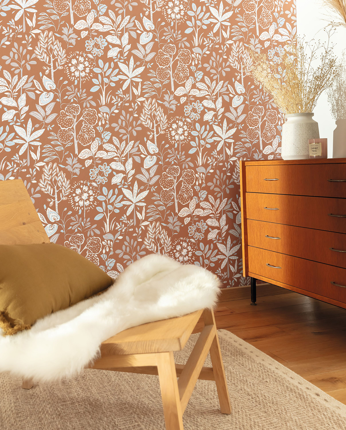 Papier peint Feuillage Louise terracotta bleu ciel - Essentiel de Casélio AMB2 | Réf. ETL103112060