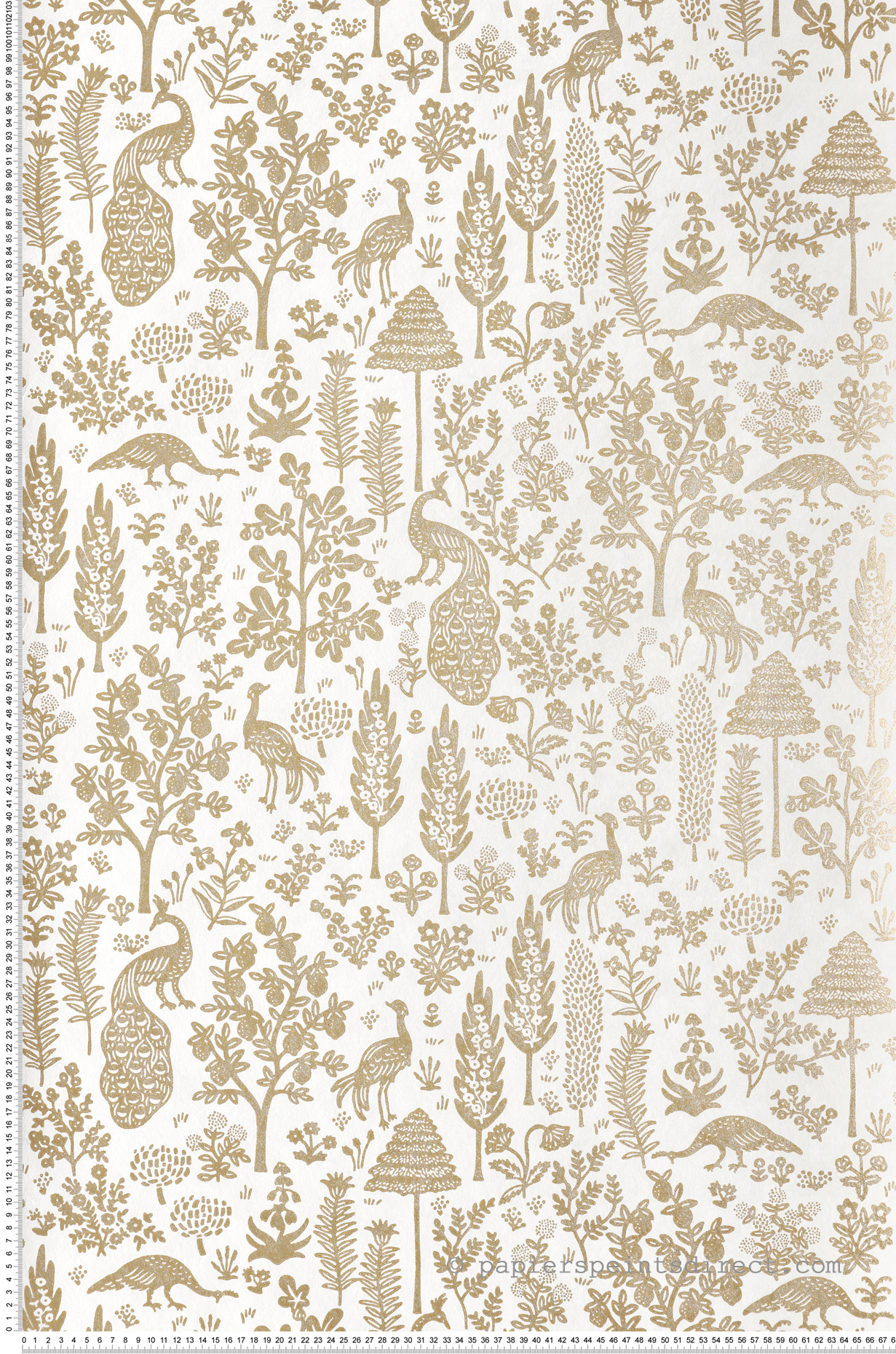 Papier peint Ménagerie Toile Paon doré blanc - Rifle Paper Co. 2 de York (Initiales) | Réf. INI-RP7371