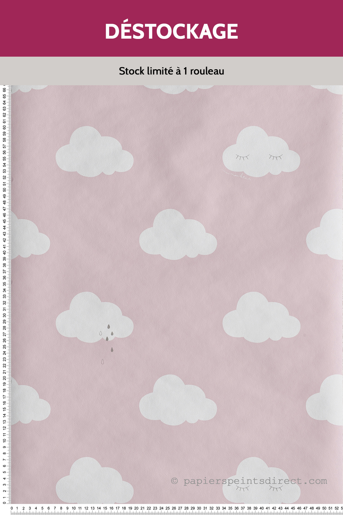 Papier peint Destockage - Nuage Bébé rose pluie argentée - Noukies