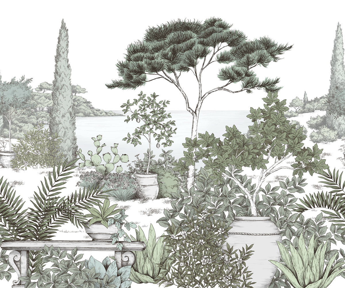 Papier peint panoramique Gravure A l'Ombre des Pins S vert 300X250 - Wonderwalls 2 de Casadéco | Réf. WDWD200017607