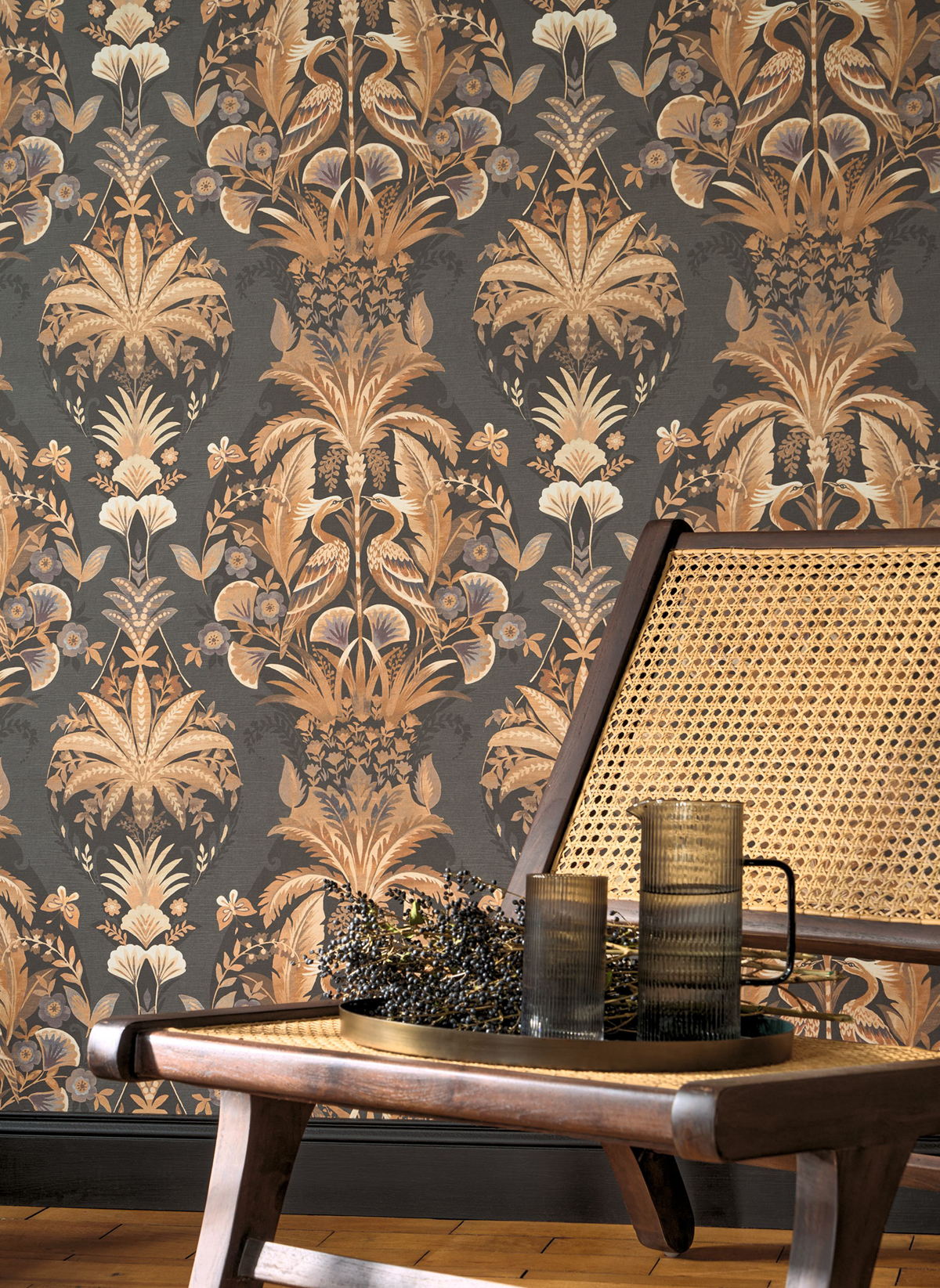 Papier peint Baroque Oiseau Whisper noir fusain - Heritage de Casadéco AMB2 | Réf. HETA201229411