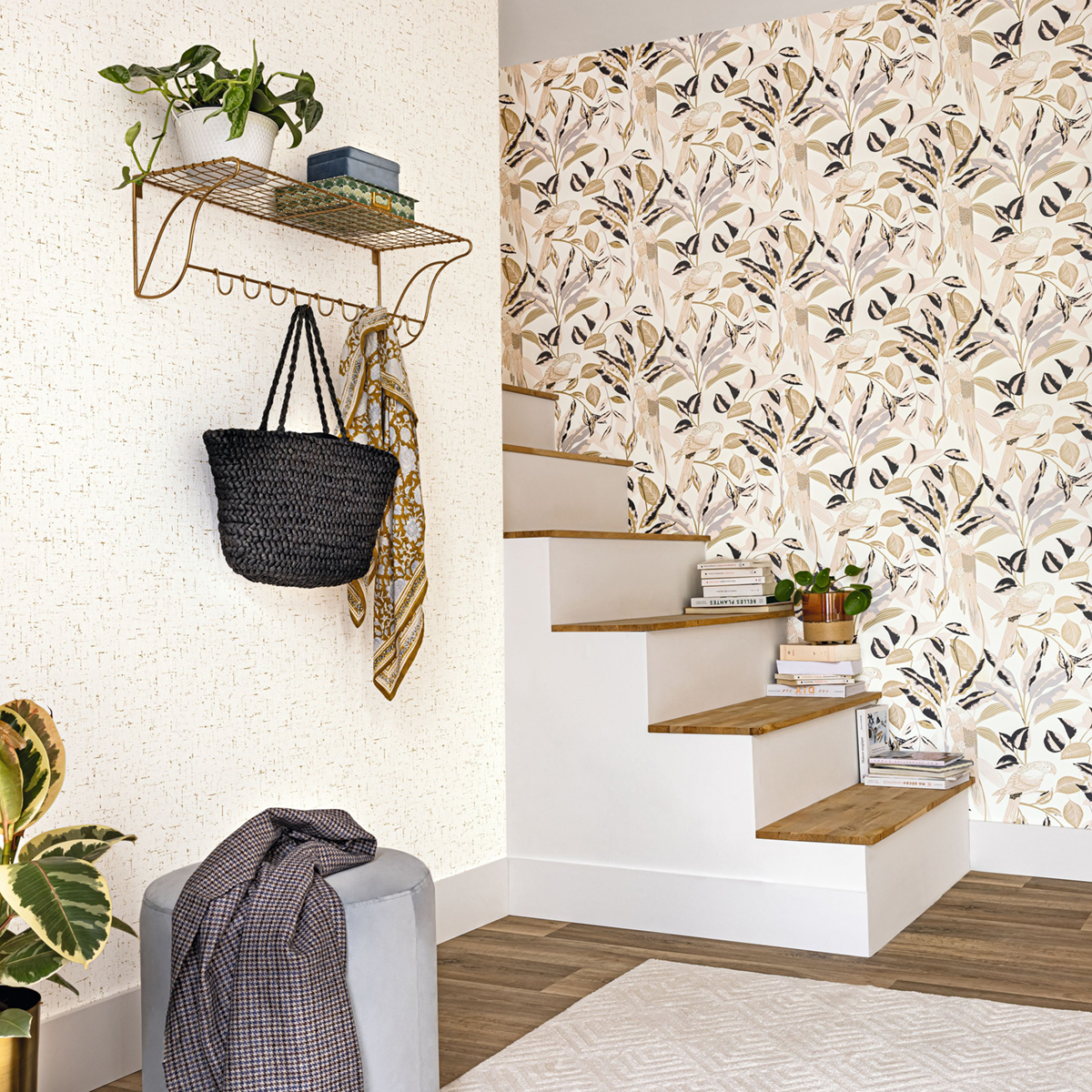 Papier peint Jungle Perroquet Gary beige noir doré - Golden Age de Casélio | Réf. GAG103790288