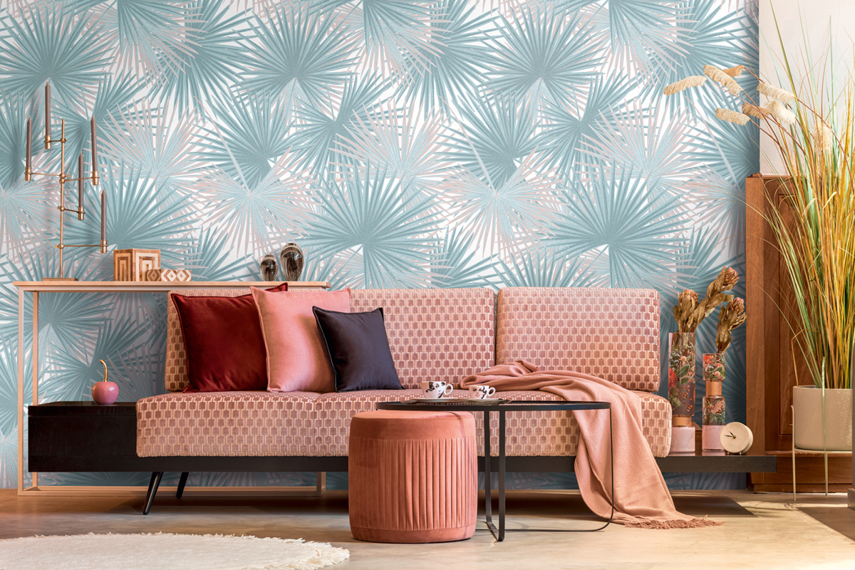 Papier peint panoramique Palmier Feuillage bleu ciel - Metropolitan Travel Stories d'A.S. Création AMB2 |  Réf. AS-391843