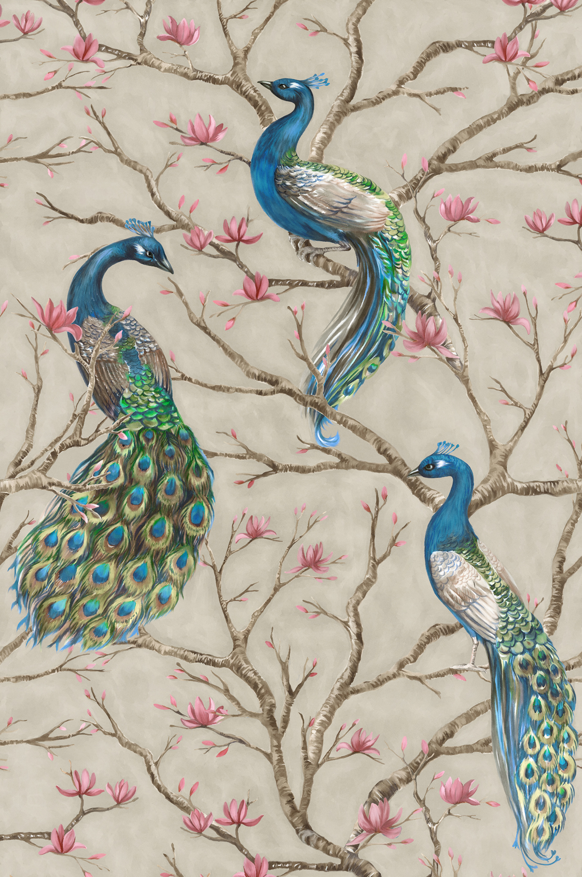 Papier peint panoramique Oiseaux Paon cerisier beige - Tribeca de Montecolino | Réf. MC-DD114647