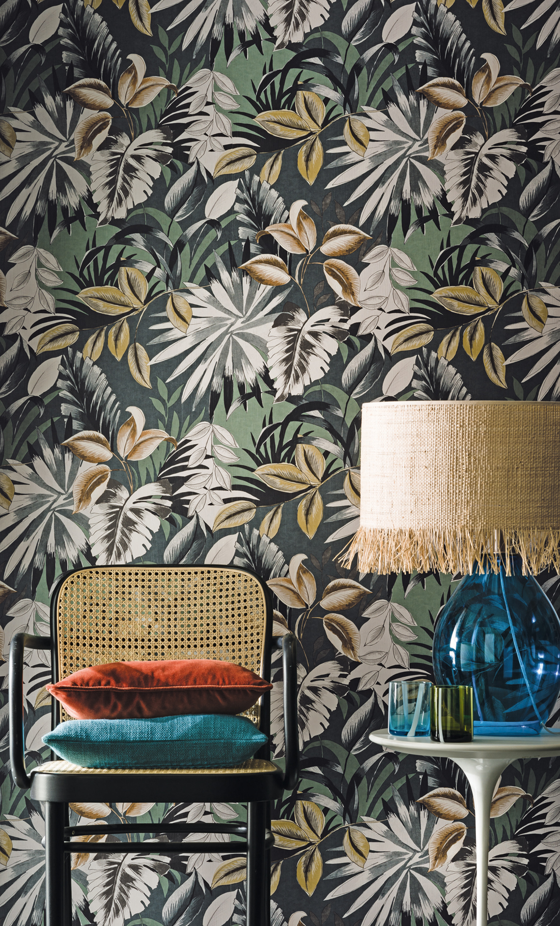 Papier peint jungle Foresta Vert de gris - Rio Madeira de Casamance | Réf. CAS-74260252