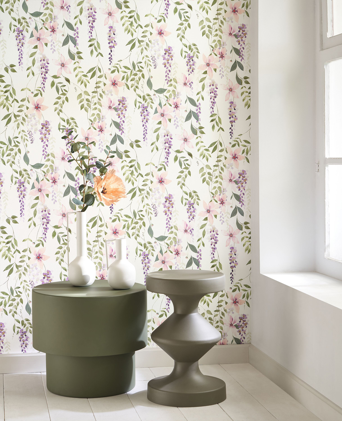 Papier peint Fleur Glycine Wisteria violet vert gazon - Soliflore de Casadéco | Réf. SOLI200305665