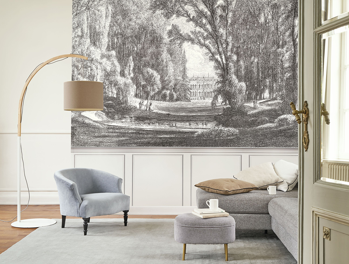 Papier peint Panoramique Balade Au Parc M Noir - Les Belles Toiles De Jouy de Casadéco AMBV | Réf. LBTJ87989208