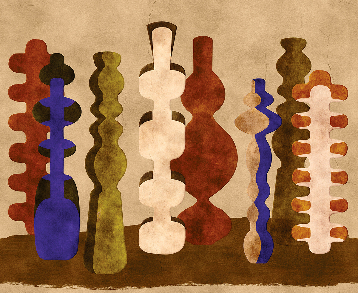 Papier peint panoramique Poterie Design indigo terracotta - A, B et C H260 - Terra de Masureel | Réf. MAS-DGPOT102X-260