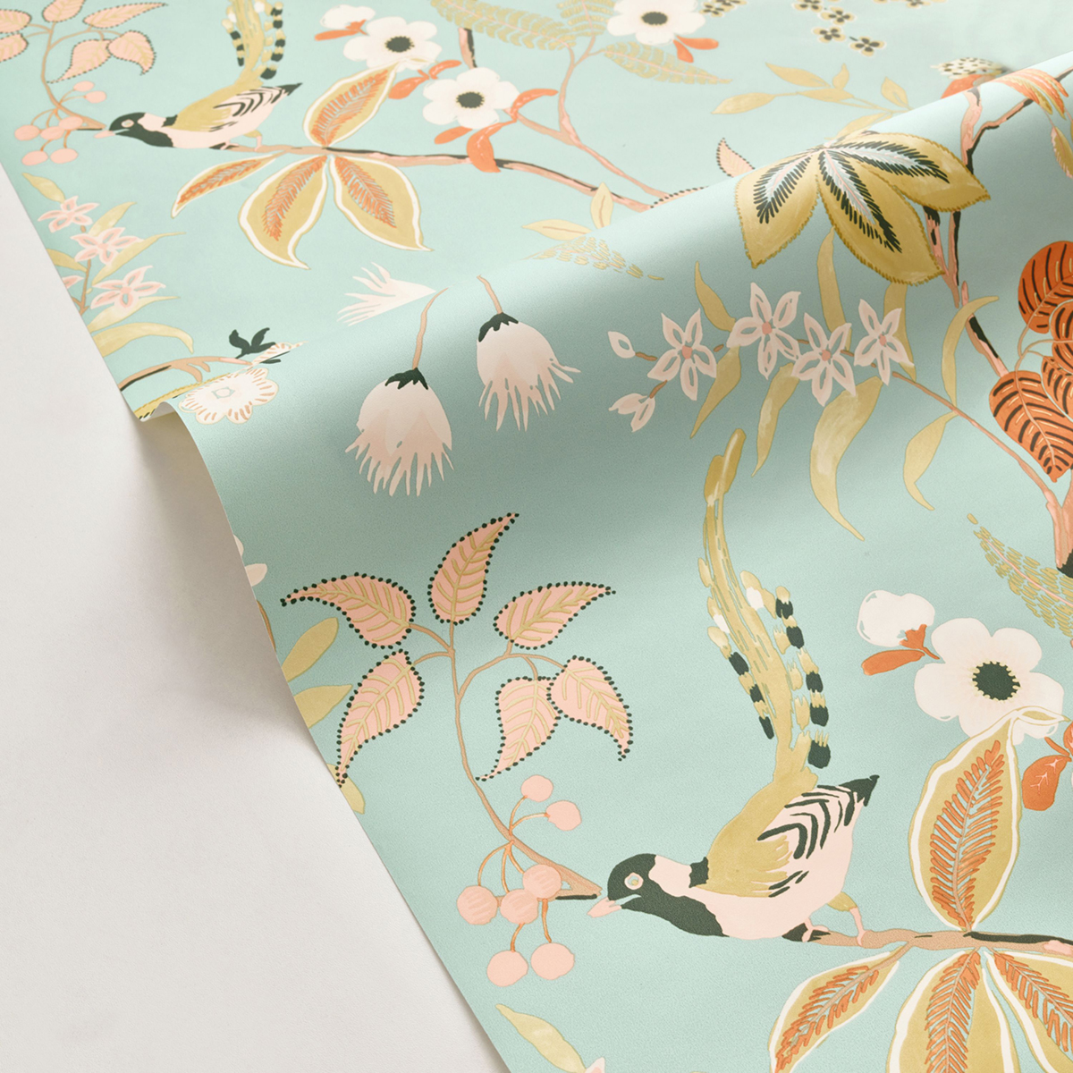 Papier peint Oiseau Feuillage Happy vert d'eau orange - Happy Therapy de Casélio AMBV | Réf. HTH104067765