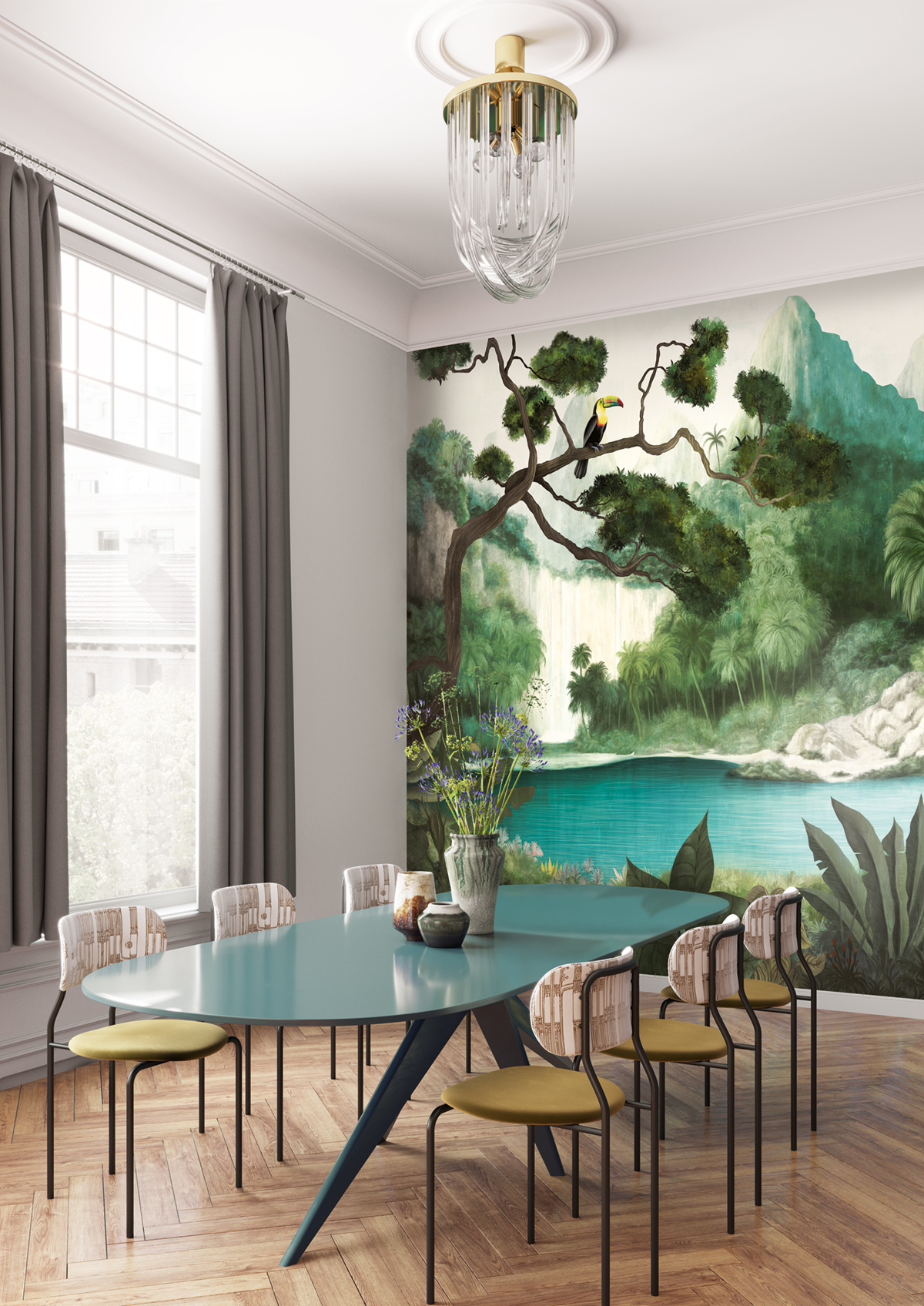 Papier peint panoramique Oasis Toucan vert - A, B, C et D H260 - Wall Designs IV de Masureel | Réf. MAS-DG4TOU102X-260