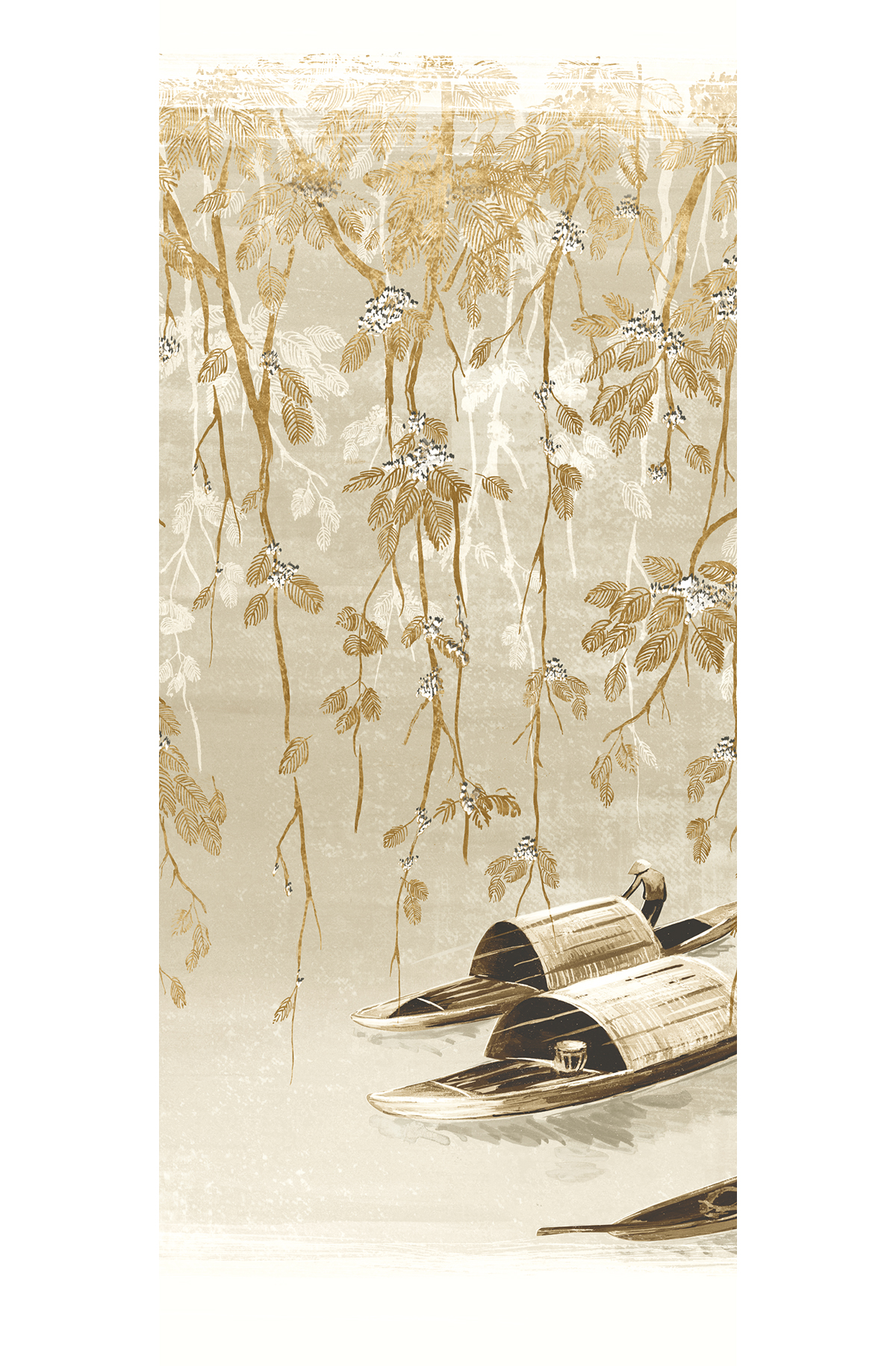 Papier peint panoramique Barque Japonaise River ocre - B H300 - Kimono de Masureel | Réf. MAS-DGKIM2022