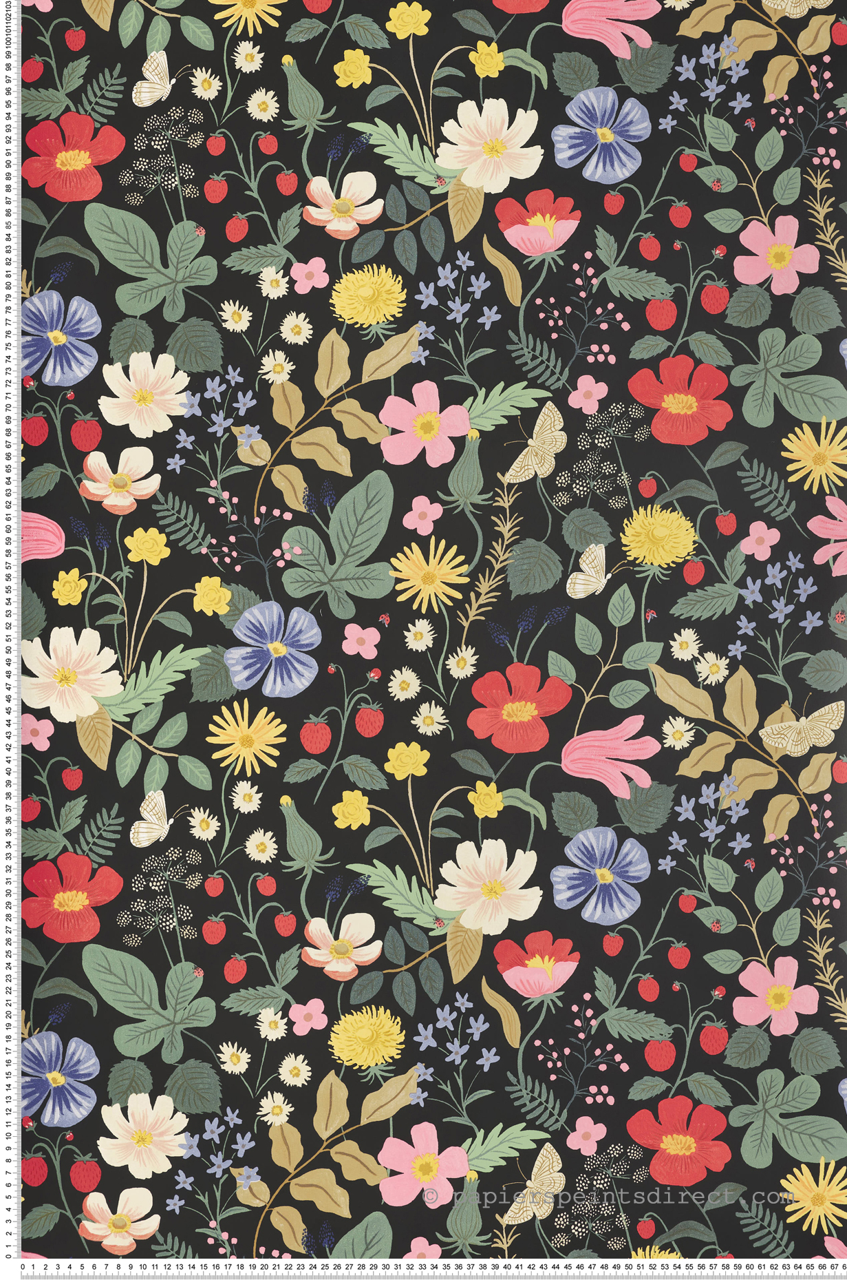 Papier peint Champs de Fraises Fleurs multicolore noir - Rifle Paper Co. 2 de York (Initiales) | Réf. INI-RP7355