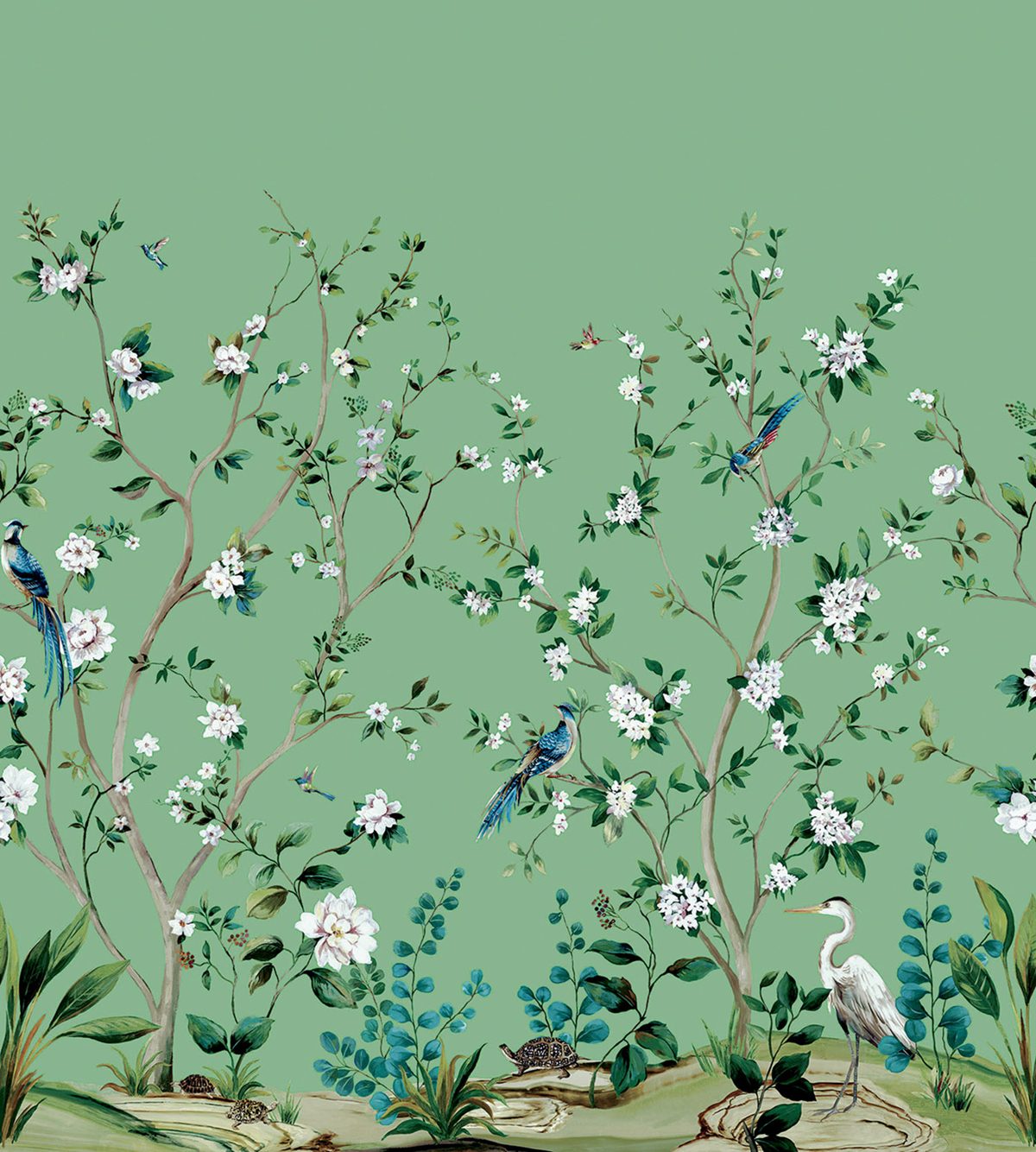 Papier peint panoramique Héron Botanique vert - Daisy Bennett d'Initiales | Réf. INI-DB30104M