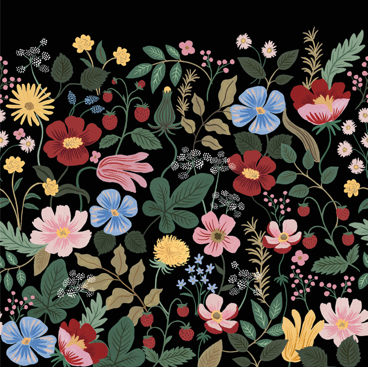 Papier peint panoramique adhésif Strawberry Fields noir - Rifle Paper Co. 3 de York (Initiales) | Réf. INI-PSW1333M