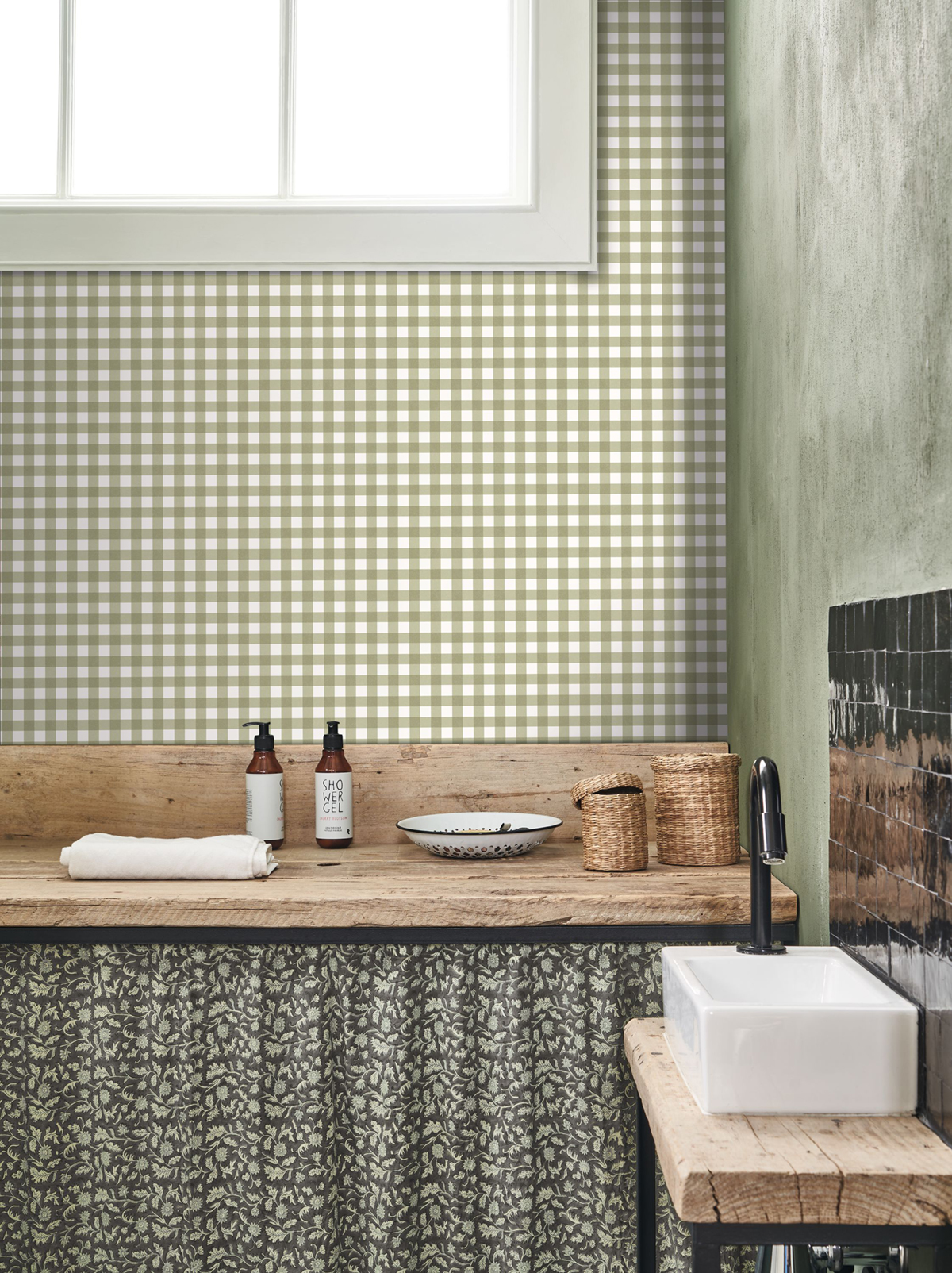 Papier peint Vichy Buvard kaki - Flower Market de Casadéco | Réf. FLOM89267535