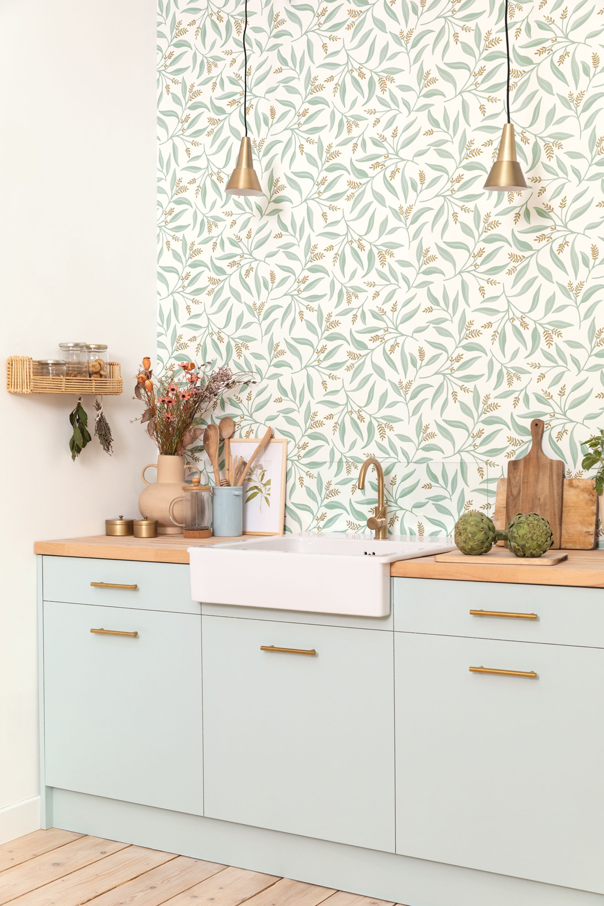 Papier peint Feuille Grasse vert d'eau blanc - Green & Co de Casélio | Réf. GCO103880748