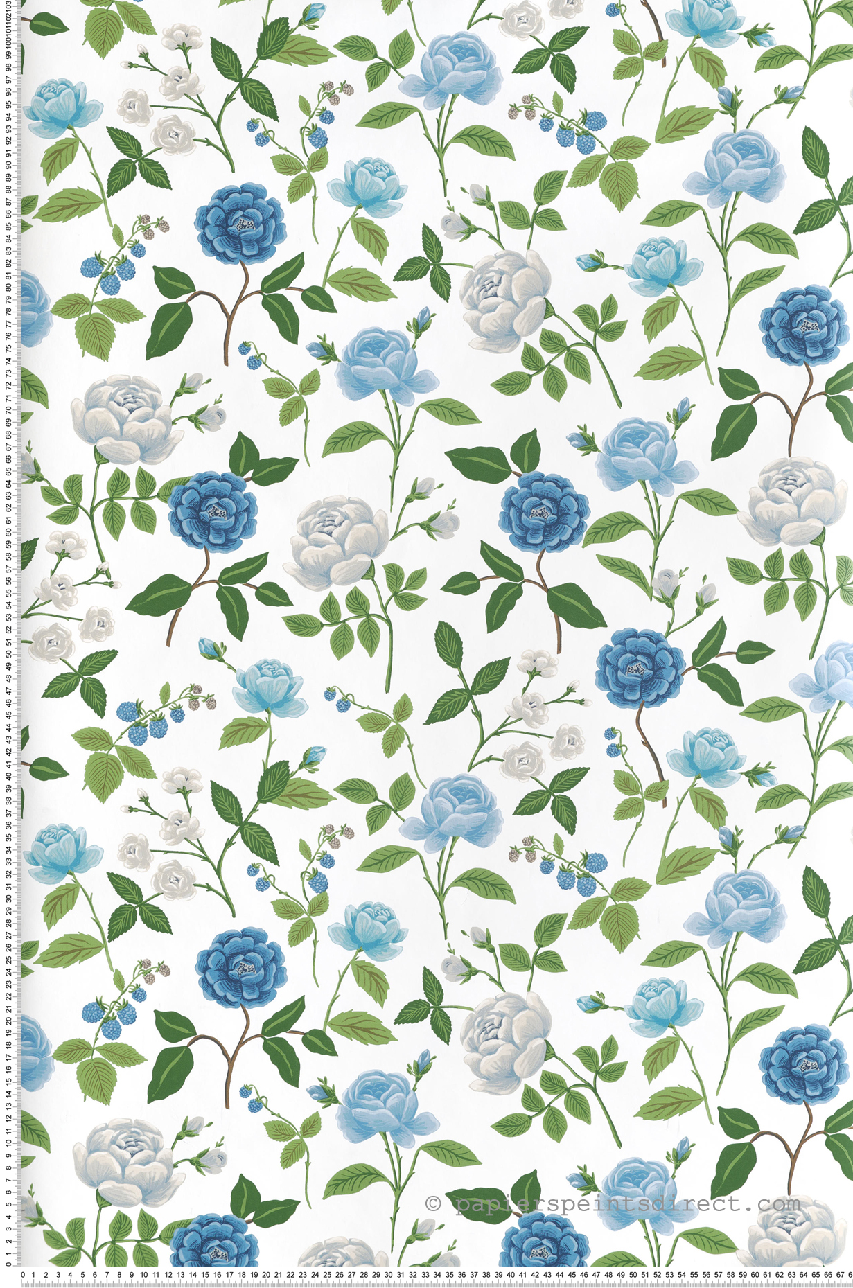 Papier peint Fleurs Romantiques bleu blanc - Rifle Paper Co. 3 de York (Initiales) | Réf. INI-RF7543