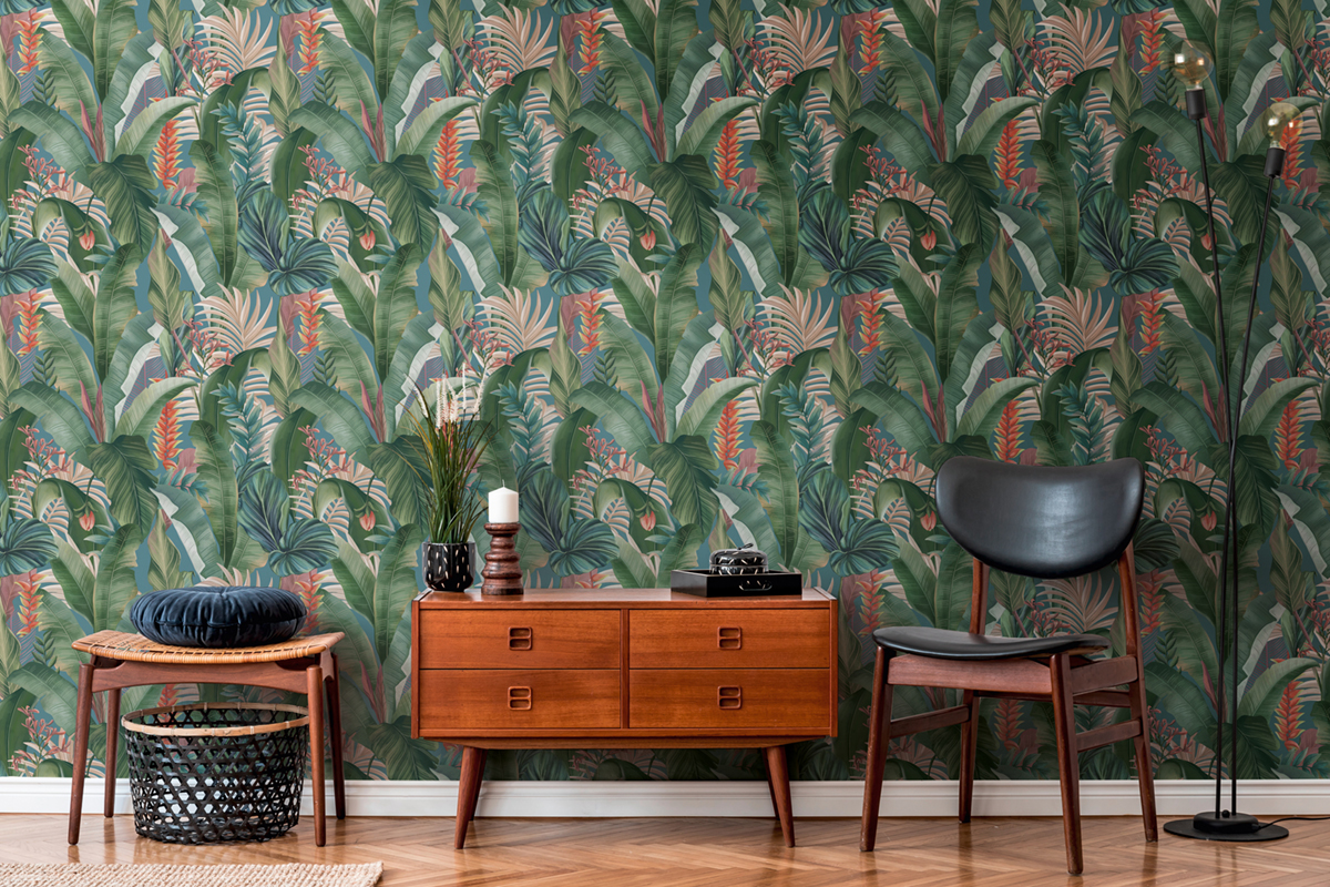 Papier peint Palme Exotique bleu canard vert - Drawn Into Nature de Livingwalls | Réf. 39435-2