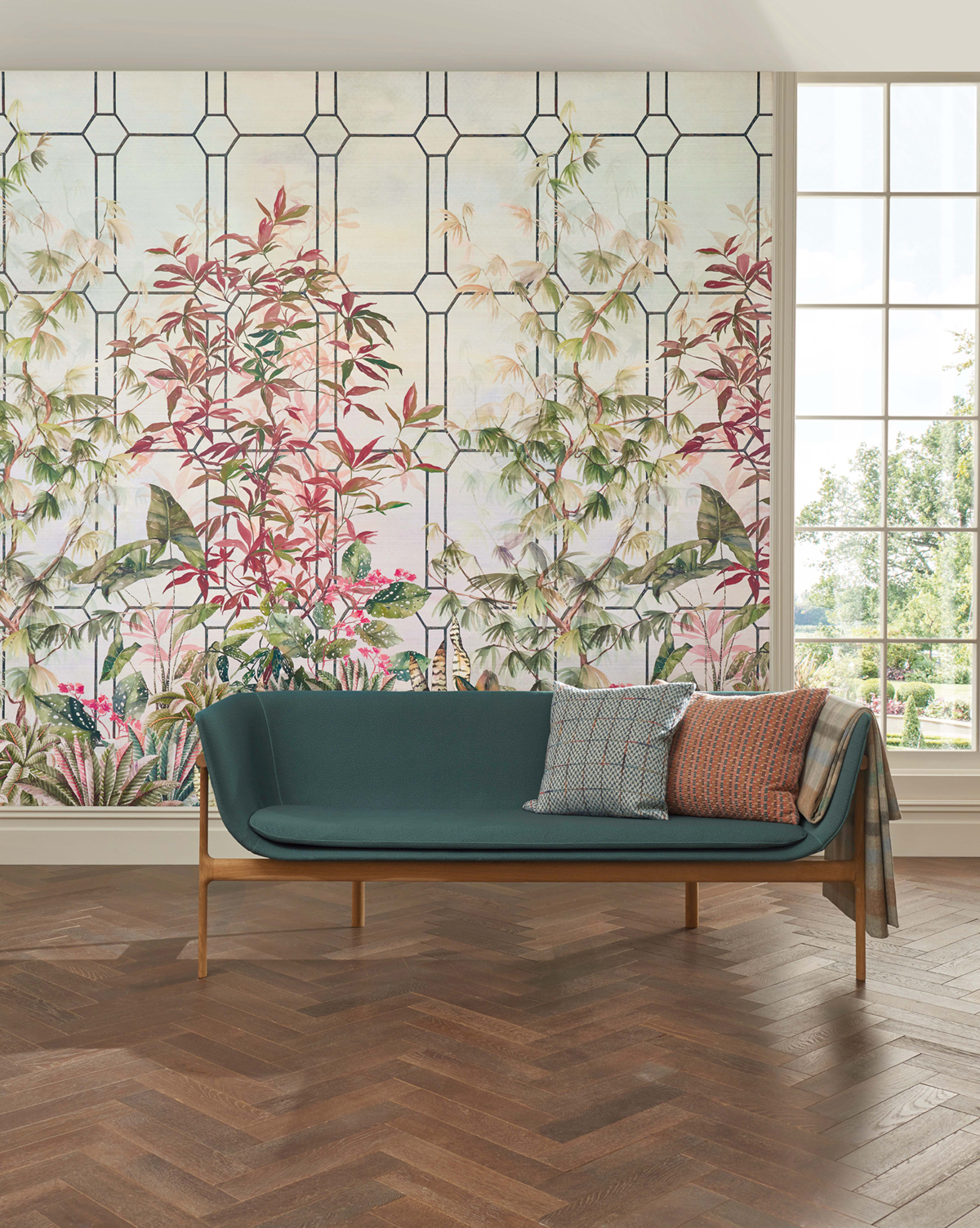 Papier peint panoramique Verrière Katsura Olive/Coral/Charcoal - Empyrea d'Osborne & Little | Réf. OSB-W7611-01